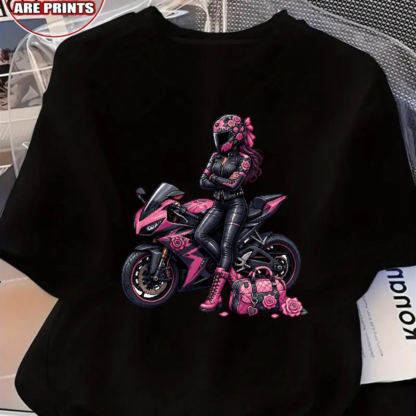 TEMU Women's Fashion Printed T-shirt, Printed Pattern Shows A Woman Riding A Pink Motorcycle With A Pink Helmet And Black Riding Suit, Overall Style