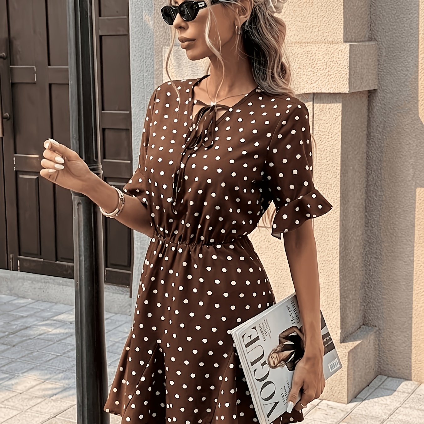 TEMU Women's French Style Polka Dot Mini Dress - V-neck Short Sleeve Hem -line Dress With , Tie Suitable For Casual To Dressy Occasions, Machine
