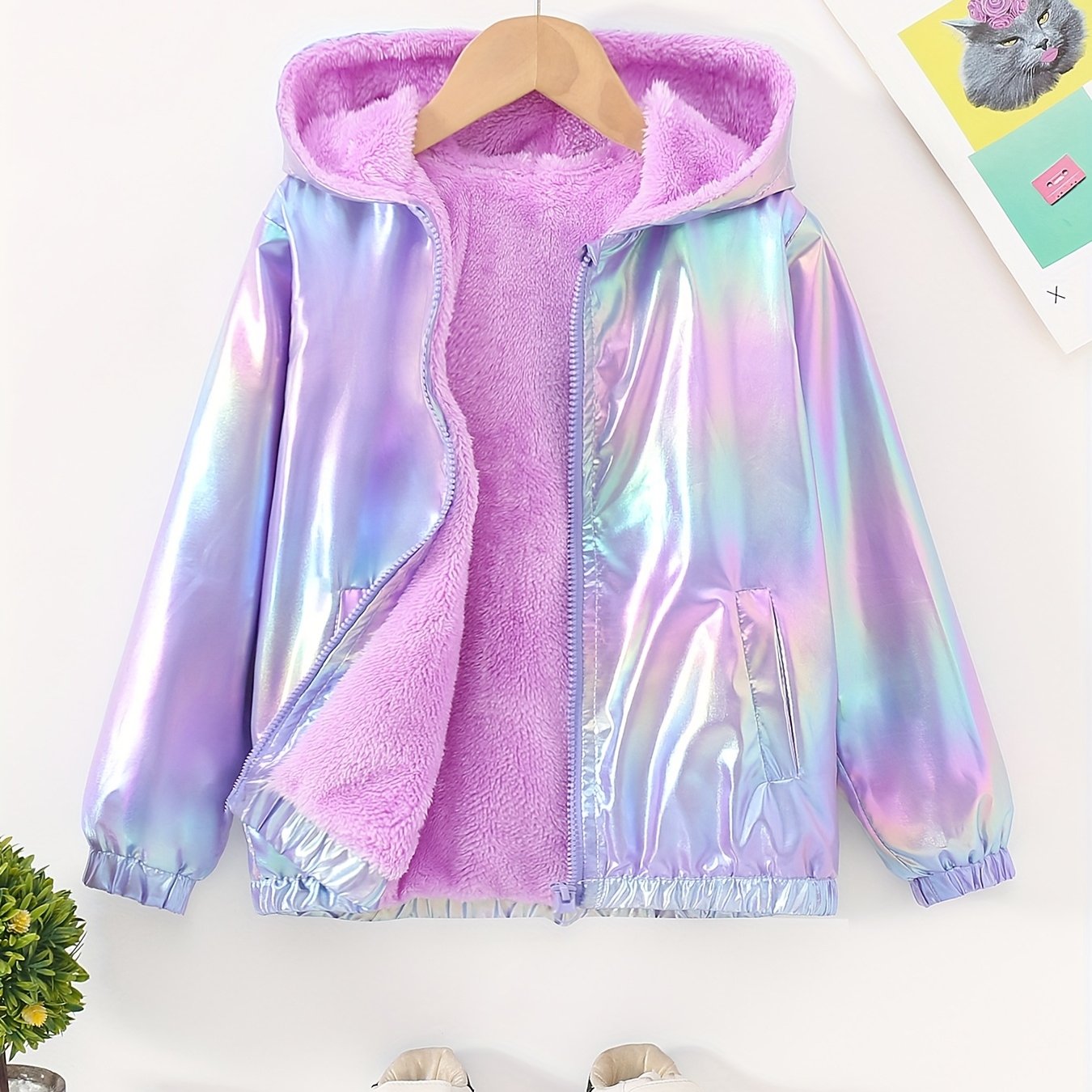 Girls' New Style Hooded Jacket With Iridescent Fabric, Fleece Lining, Windproof And Warm, Smooth Zipper With Design, For Kids' Fall Winter