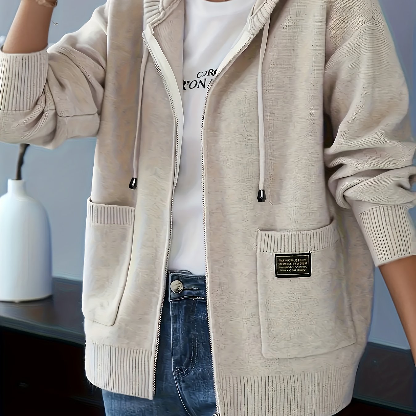 TEMU Spring 2026 Women's Elegant Hooded Cardigan - Warm Outerwear With Adjustable Hood And Fitted Neckline, Perfect For Spring/fall Layering, Casual
