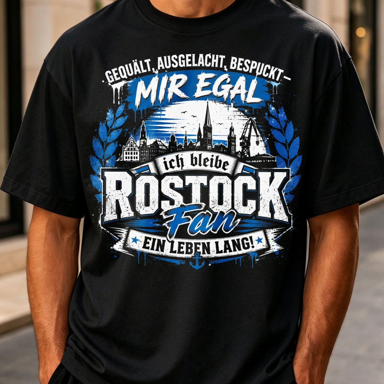 Image of Fan Ein Lang Graphic T-shirt Blue City With German Text Distressed Football Supporter Art Men's T-shirt