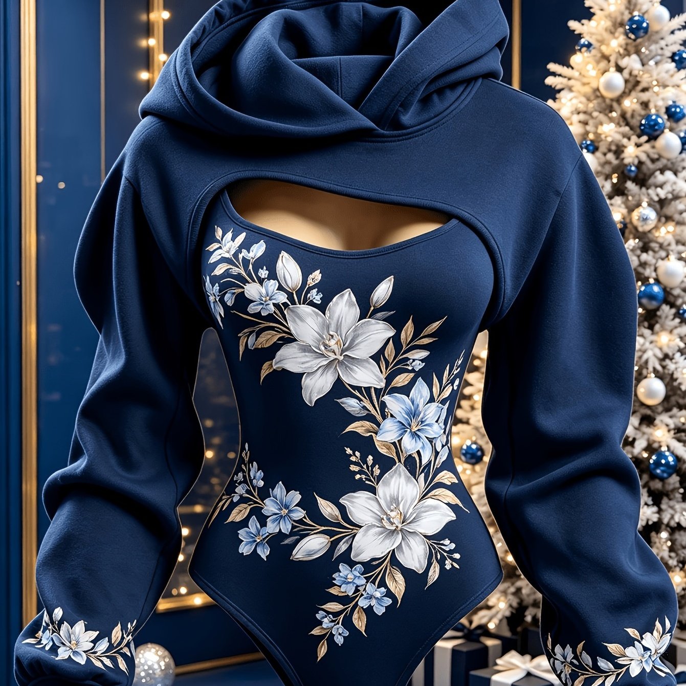 Image of Women's Floral Print Two-piece Set, Long Sleeve Hooded Shawl Bodysuit Set, Dark And Print Slim-fit Bodysuit, Holiday Party Matching Hooded Bodysuit Top