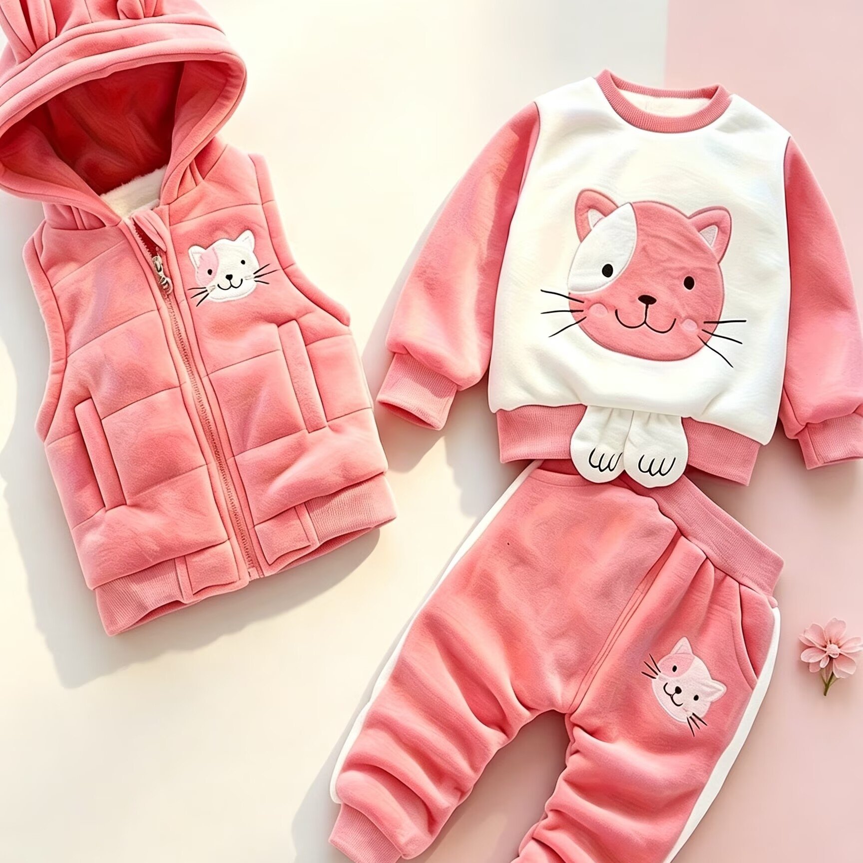 Autumn And Winter Baby Girl Cat Fleece Sweatshirt Warm Vest Sports Pants Three-piece Set Baby Girl Suit, For Outdoor