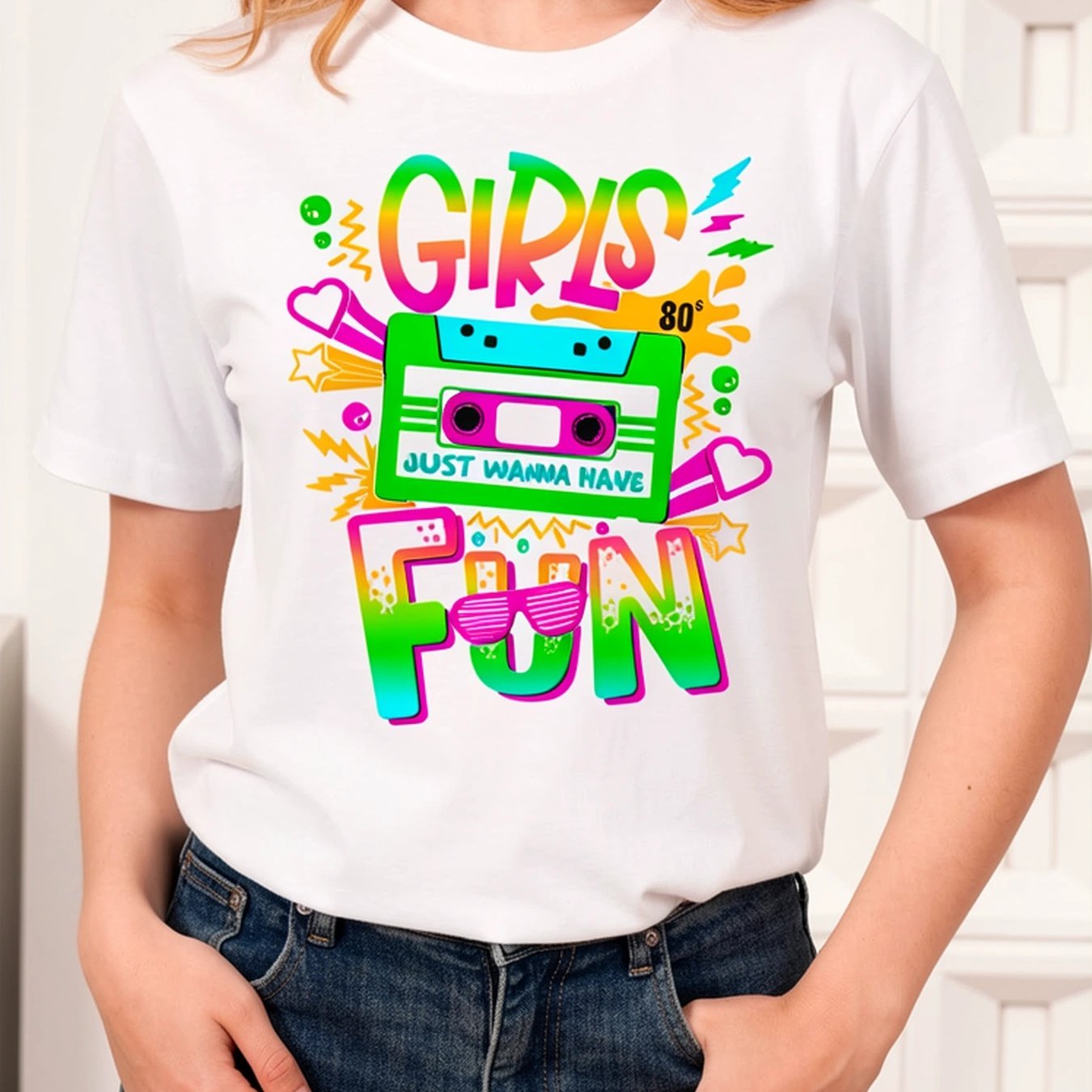 Women's 80s Retro Vintage Cassette T-shirt - Neon 80s Print, Semi-sheer Lightweight Short Sleeve Crew Neck Top, 100% 80s Music Inspired Tee With Cassette Tape & Wanna, Casual T-shirt