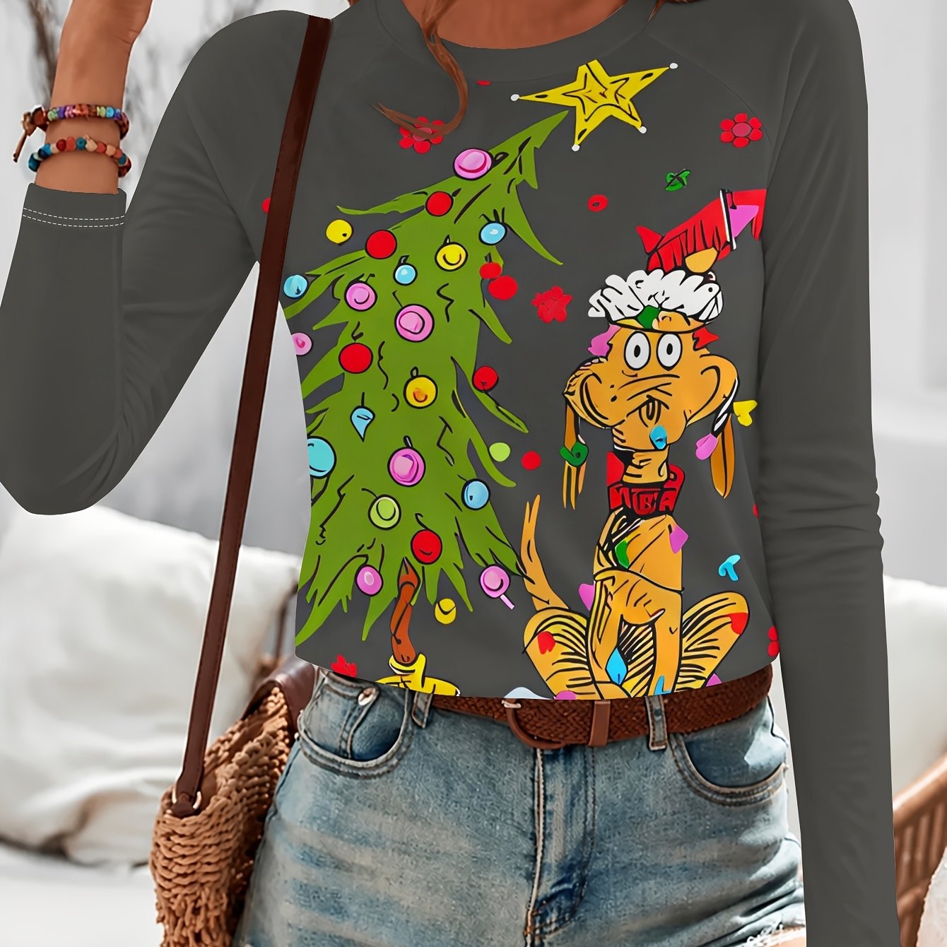TEMU A Women's Casual Round-neck Printed T-shirt Featuring A Wearing A Christmas Hat A Christmas Tree, A Atmosphere In The Snowy Landscape. Made From