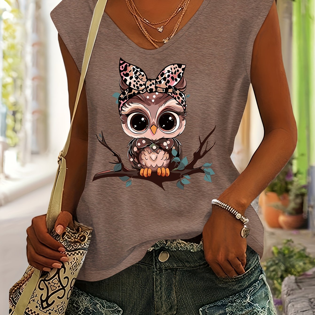 TEMU Cartoon Owl Pattern Print Spring Summer Colorful Camisole Style V-neck Sleeveless Short Sleeve T-shirt