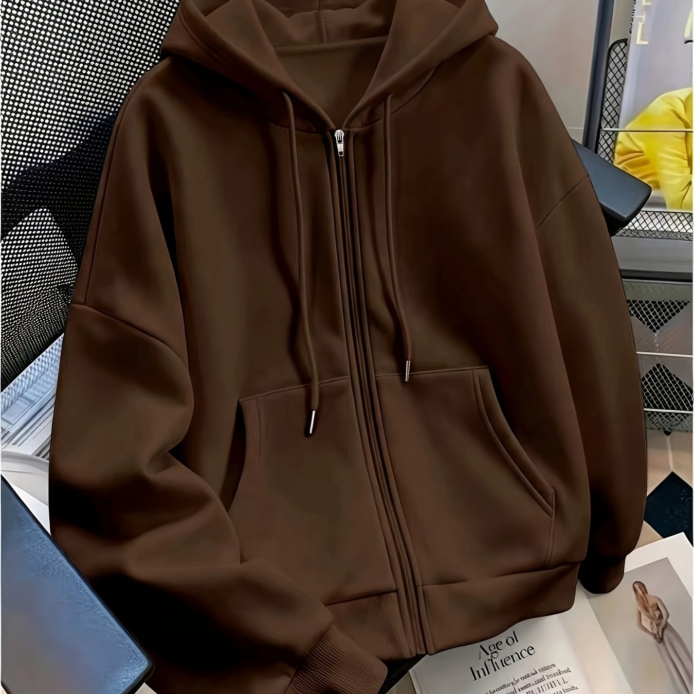 TEMU Sweat à capuche pour femme, style américain, mode, couleur unie, avec cordon de serrage et fermeture éclair, pour automne/hiver - Doublé, chaud,