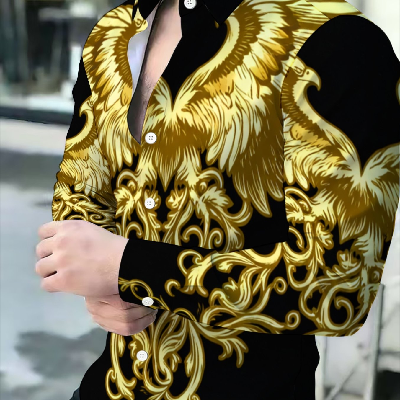TEMU Men's Black And Golden Double-headed Eagle Baroque Shirt, Light Luxury Business Long Sleeve Lapel Shirt