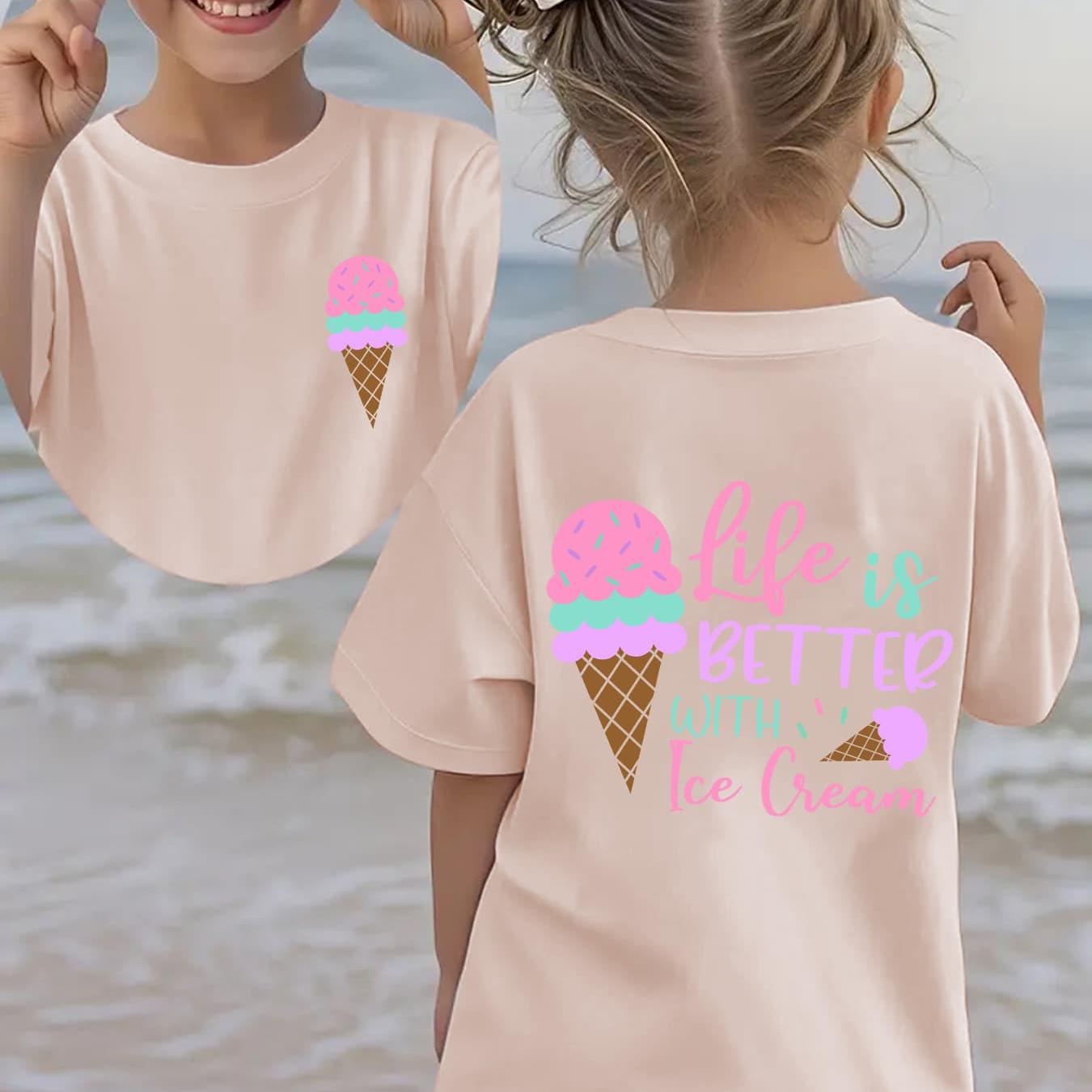 Image of Summer Fashion Girls' Short Sleeve T-shirt " Ice Cream" Ice Cream Element Cartoon Pattern Double-sided Versatile Top Ny-dx3742