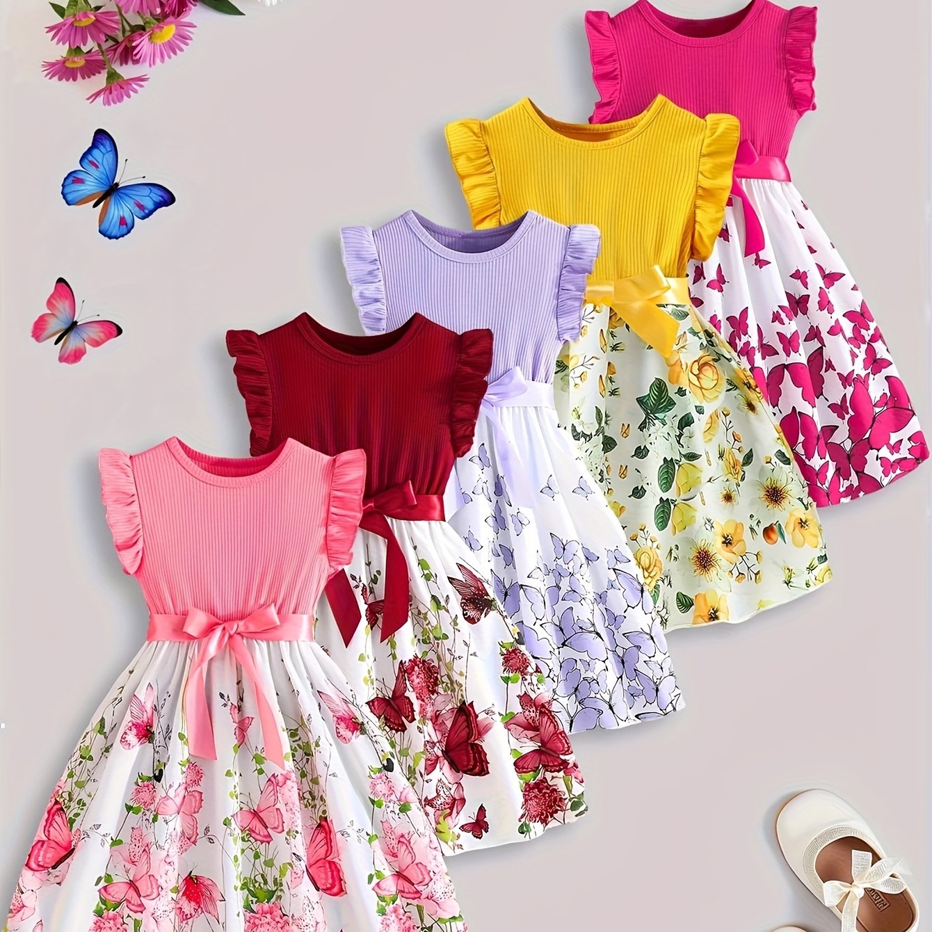 Image of Are In Total. 1 Piece . Girls' Dress With Small Flutter Sleeves, , Bow, , And Floral Print. Summer Dress For Toddler Girls