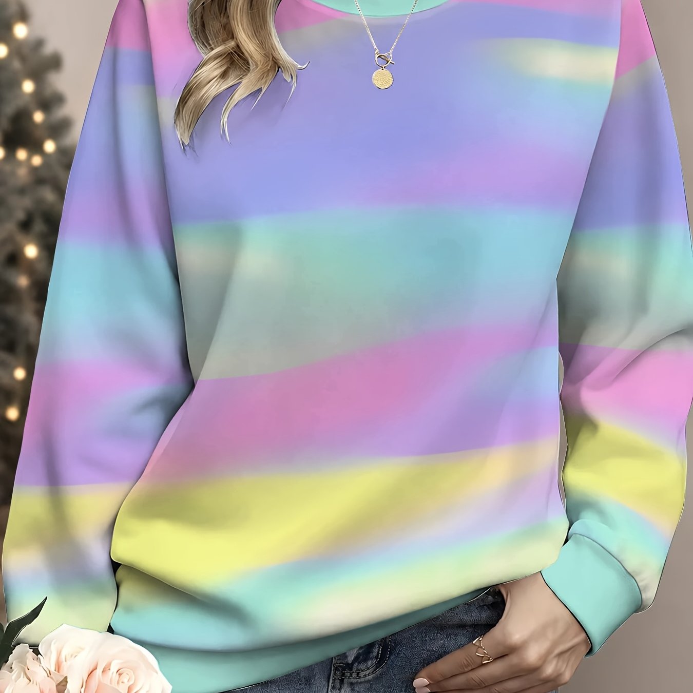 TEMU Casual Women's Round Neck Long Sleeve Sweatshirt, Everyday Versatile Comfortable Top, Loose