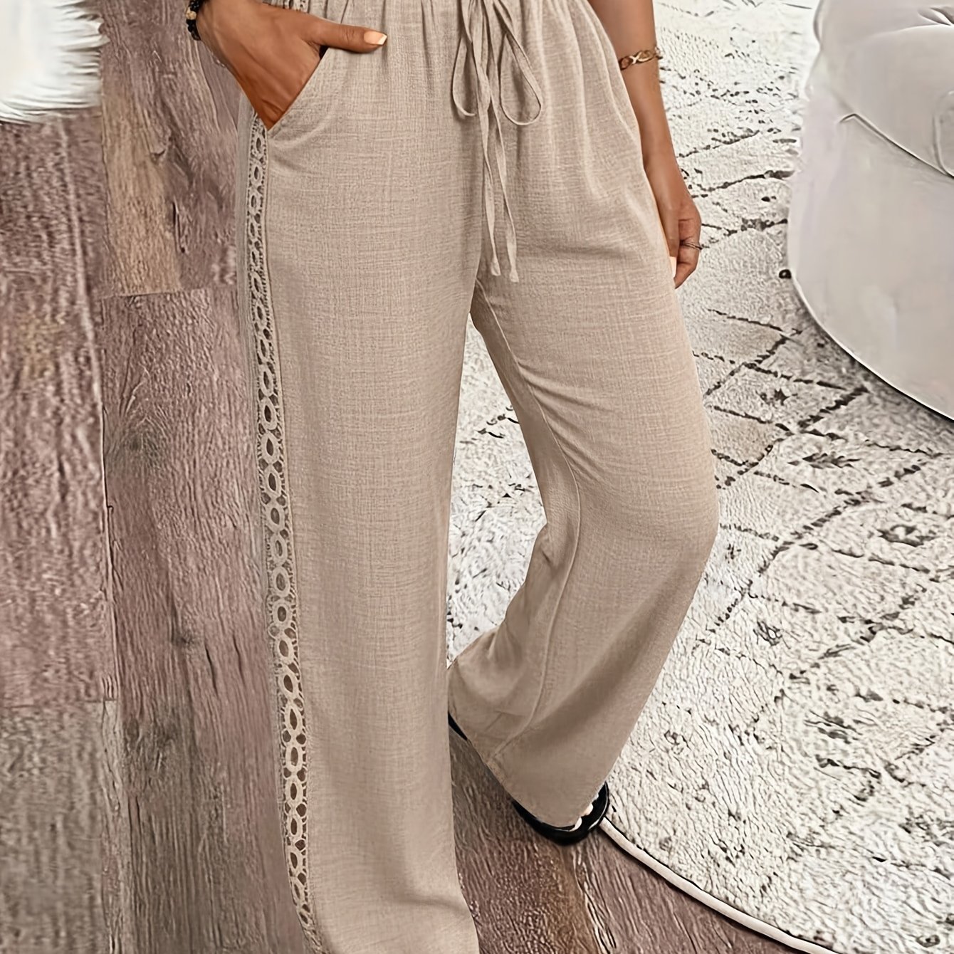 TEMU Women's Loose Tapered Pants With Lace Detail And Side Drawstring Adjustable Design