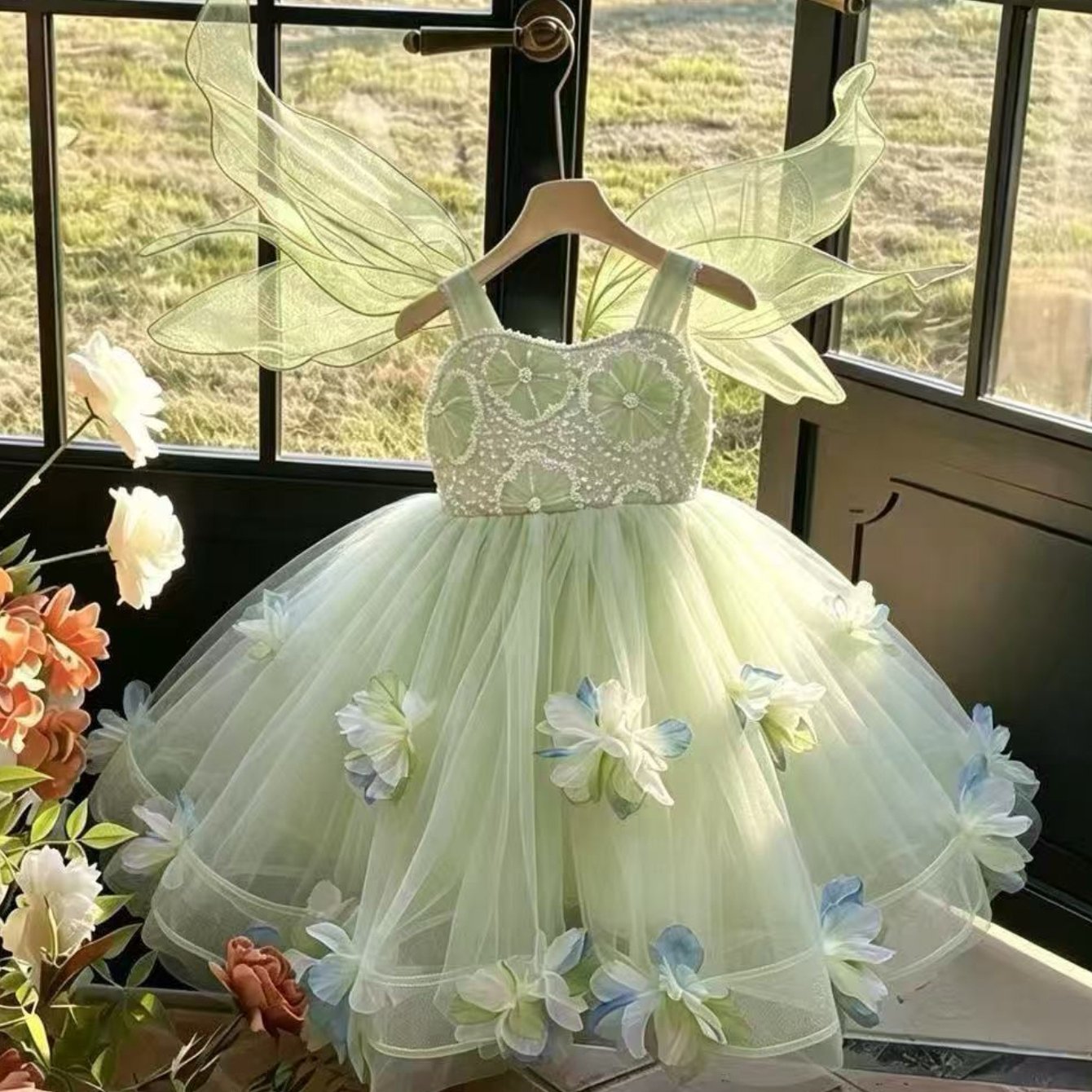 Image of 1pc Fresh Mint Green Beaded Princess Dress With Suspender Back & Puff Skirt - Machine Washable Summer Dress Suitable For Birthdays, Weddings, Parties, Photo Shoots, First Birthday Outfits For