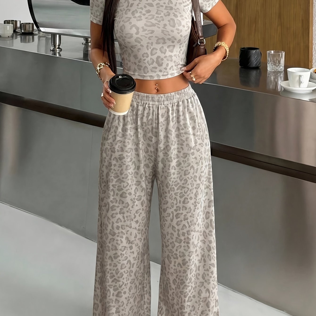 TEMU Leopard Print Pattern Casual Suit, Women's Vacation Outfit