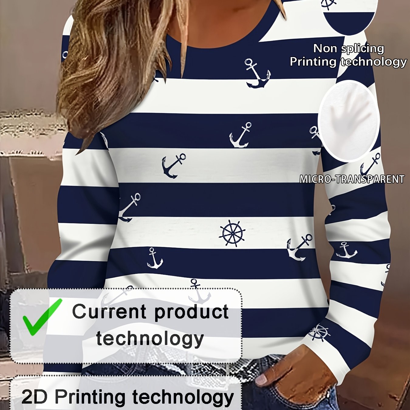 E-shop 2D Elegantes Urlaubs--Gemälde Blau Weiß Farbblock Gestreift Wahrzeichen Anker Grafik Allover-Print Atmungsaktives Bedrucktes Rundhals Langarm