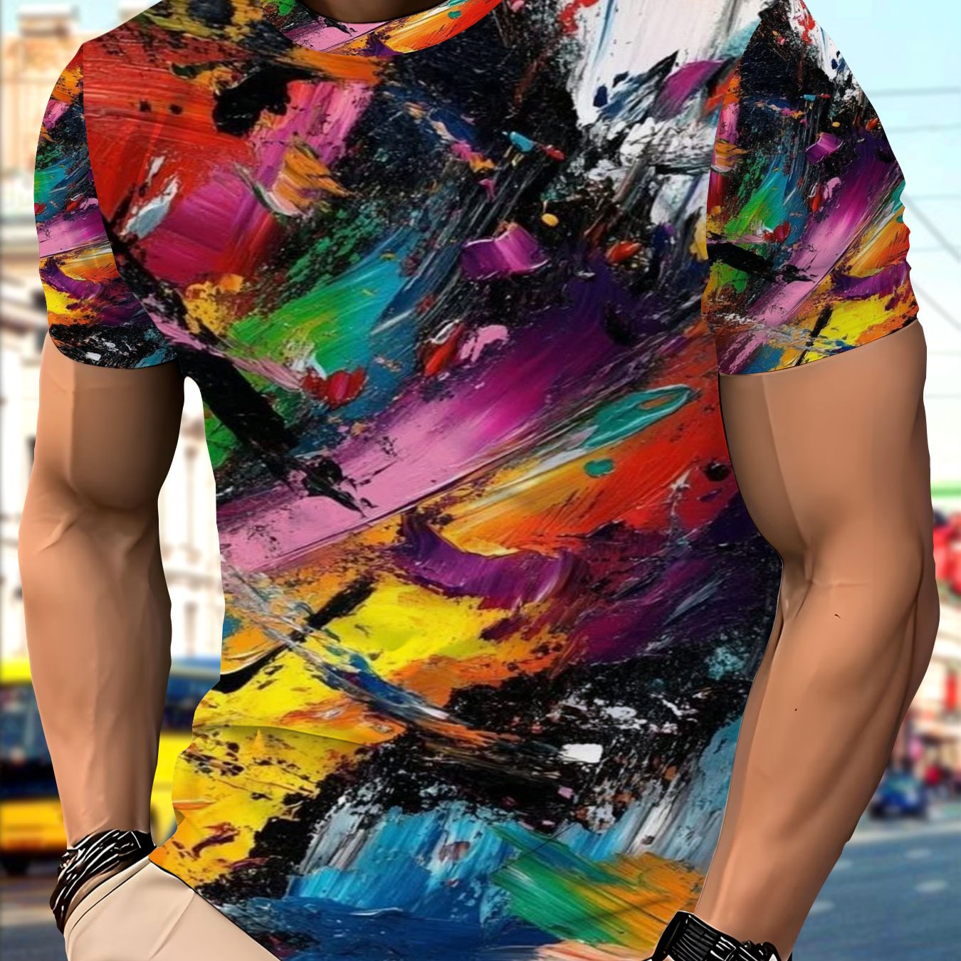 TEMU Men's 3d Polyester Short Sleeve T-shirt With Vibrant Abstract Oil Painting Print, Design, Casual Loose Fit Crewneck Tee, Lightweight Breathable