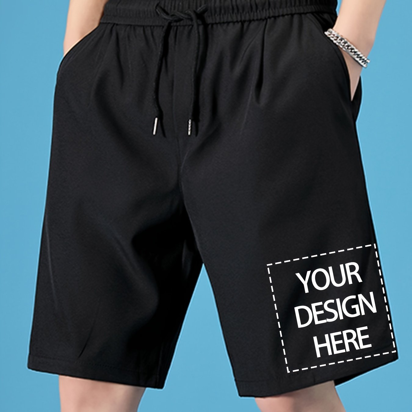 TEMU [custom Product] Men's Casual Woven Athletic Shorts, Custom Photo Text Logo Print, Drawstring Design, Elastic Waistband, Summer Casual