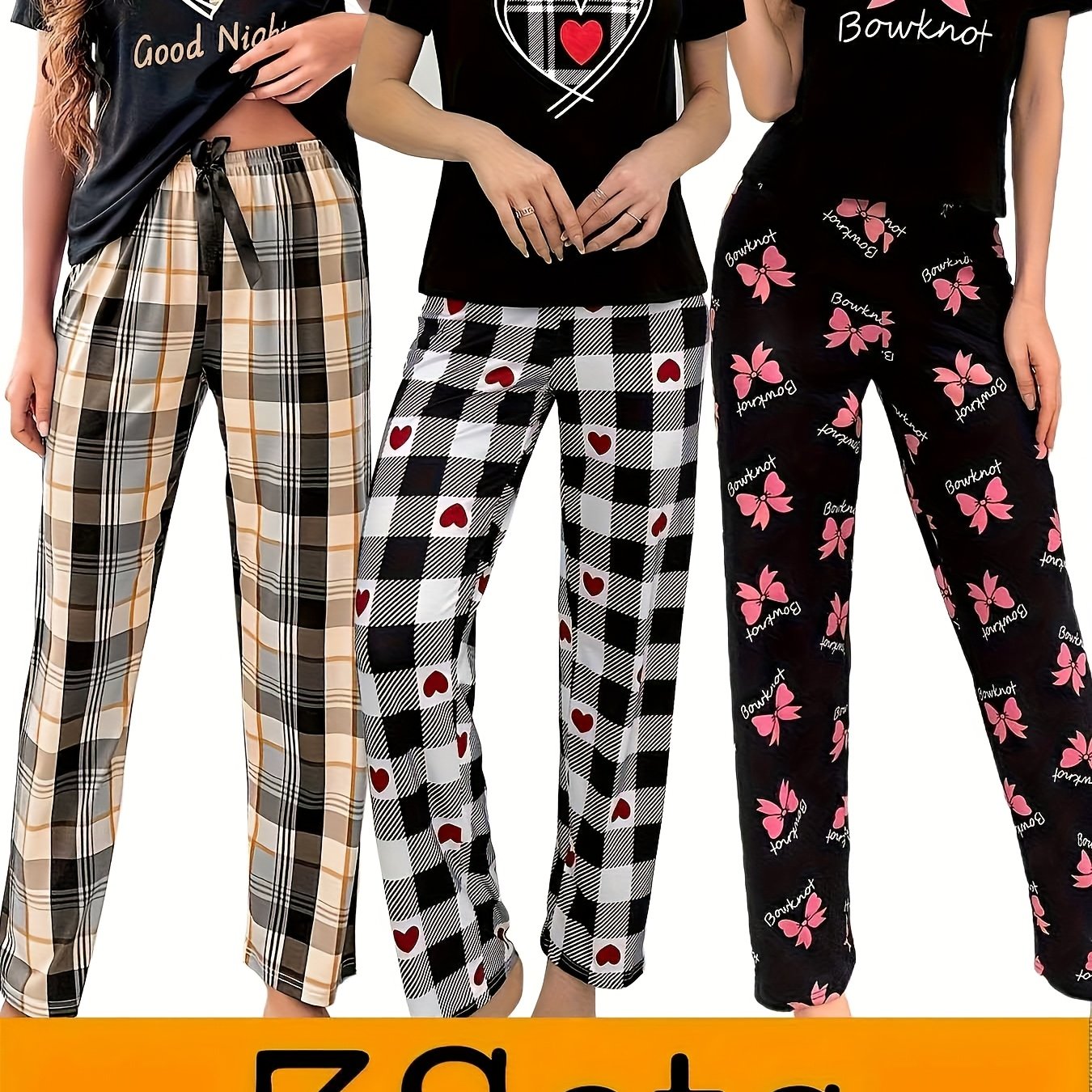 E-shop 3-teiliges Damen-Pyjama-Set mit Buchstaben-Karo-Herz-Bogen-Druck-Shorts und langen Hosen, mehrteiliges Pyjama-Set