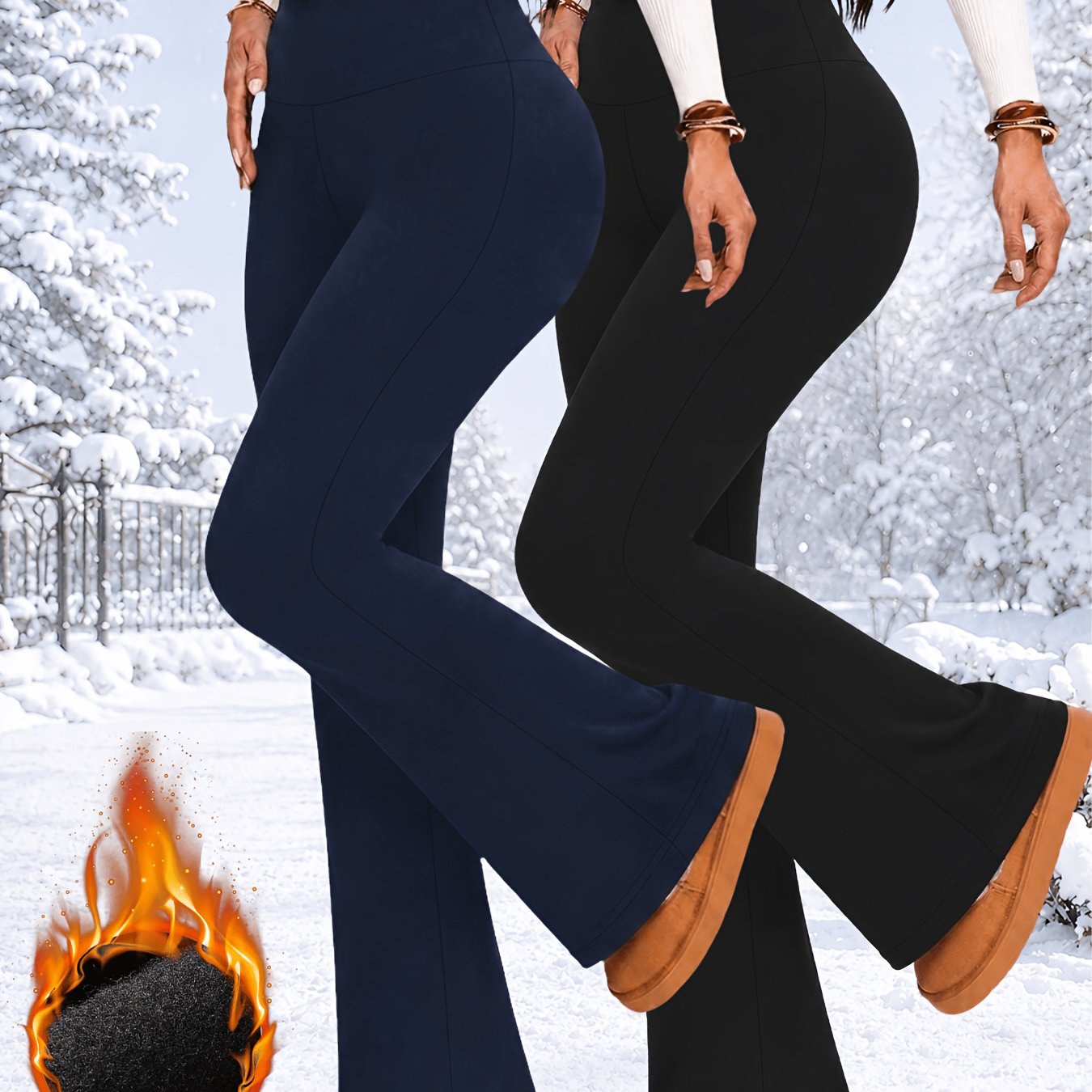 TEMU Lot de 2 pantalons évasés super doux doublés pour femme, pantalons patte d'éléphant taille haute thermiques à coupe bootcut pour tenues