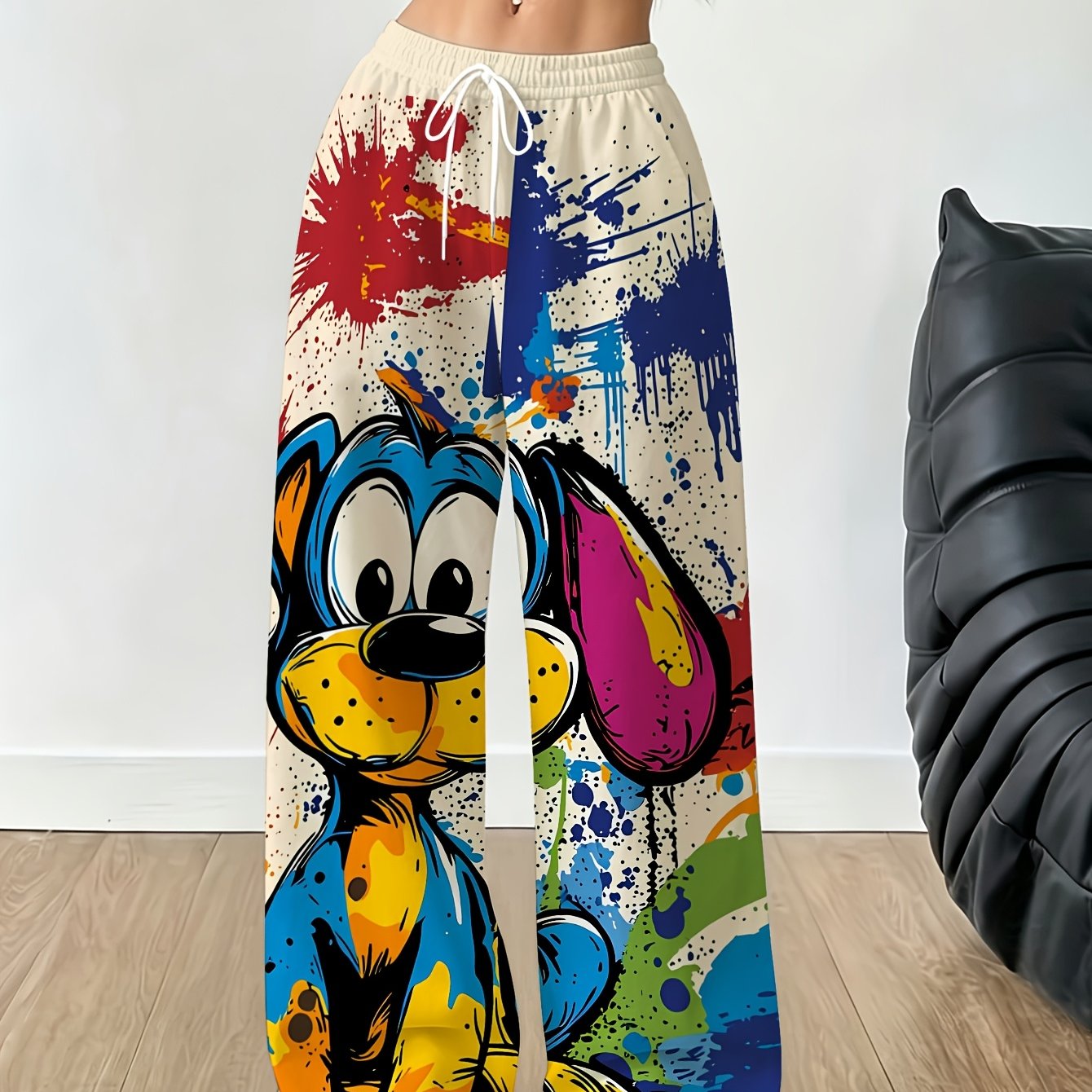 TEMU [printed Design - Not Textured] Women's Long Pants, Women's Fashion Casual Wide-leg Trousers, Cartoon Colorful Ink Splatter Print, Long Pants
