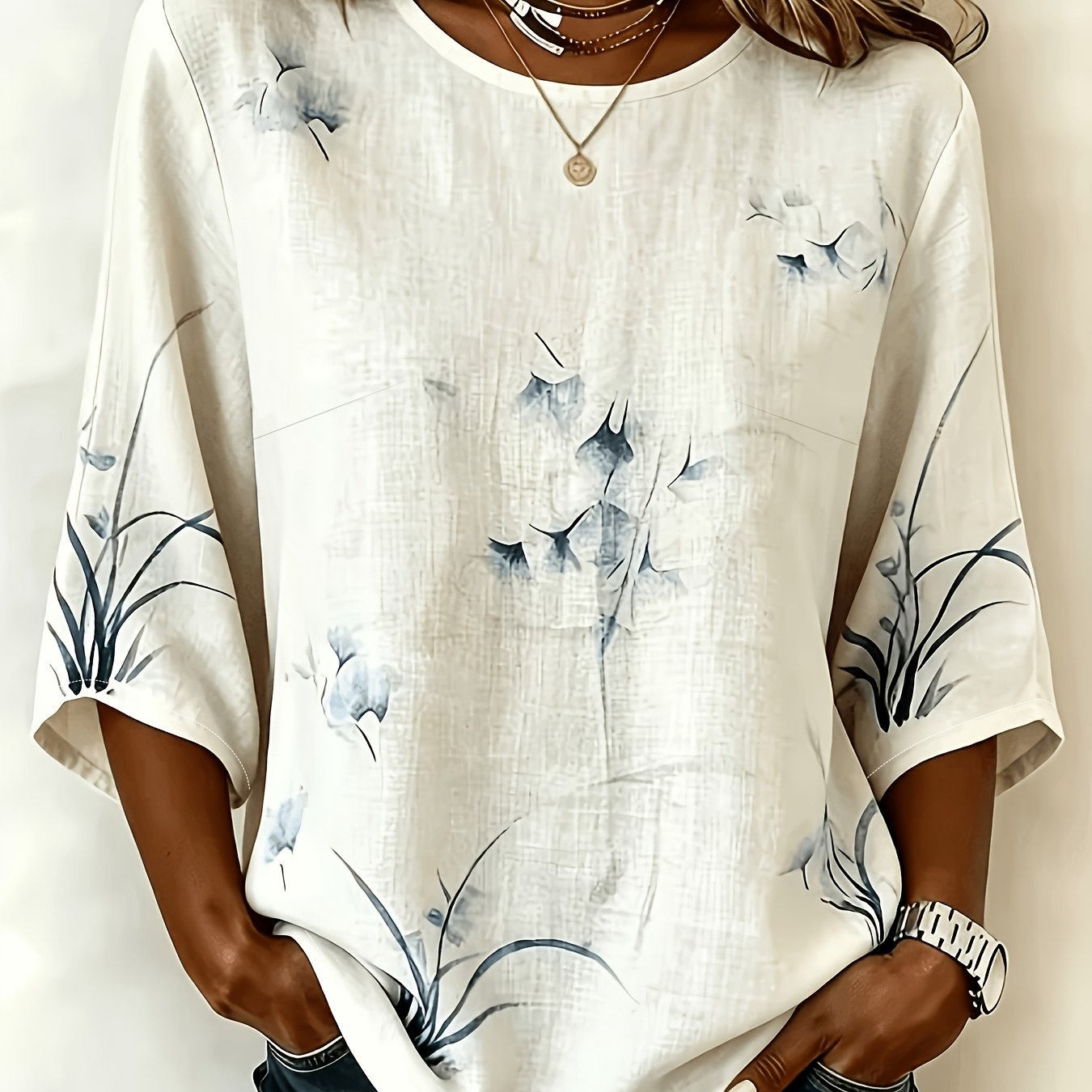 Plus Size, Plus Size Spring/autumn Round Neck Botanical -quarter Sleeve Casual Top Shirt