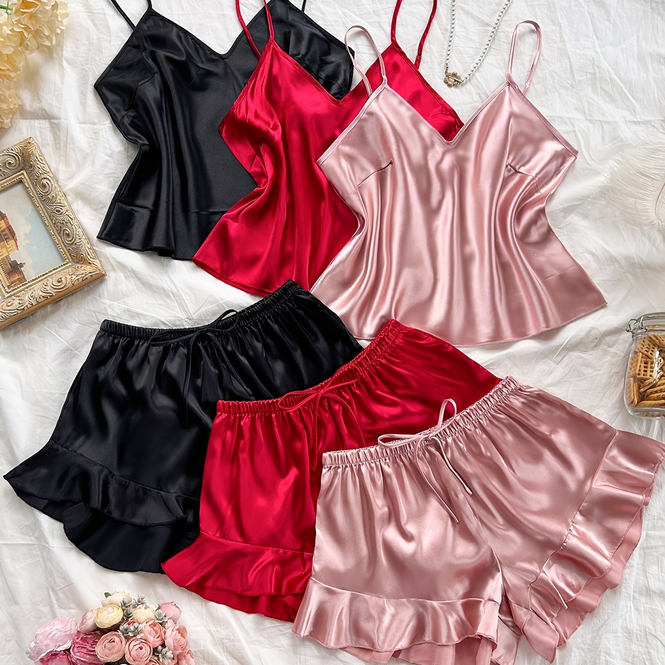 TEMU 6pcs Set Of Stylish And Sexy V-neck Camisole And Shorts Made Of , Perfect For Comfortable And Breathable Loungewear
