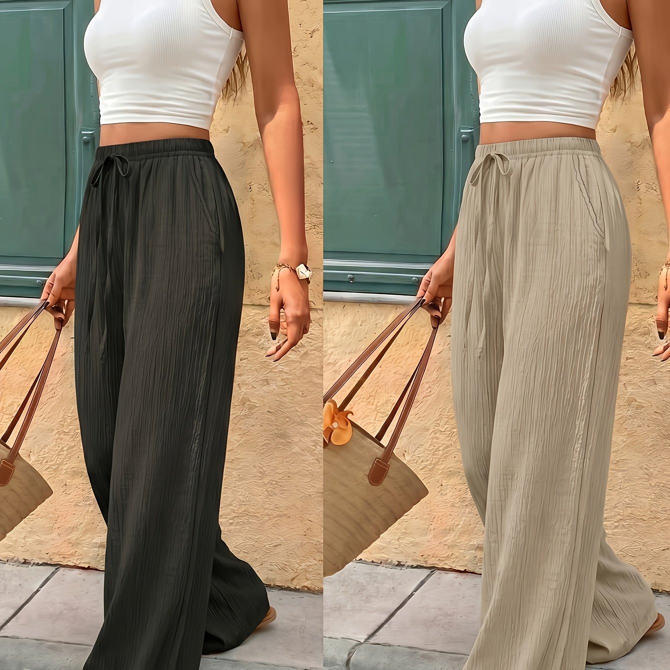 TEMU 2pcs Solid Straight Leg Pants, Women's Casual Trousers - Soft Comfortable Drawstring Waist Pants