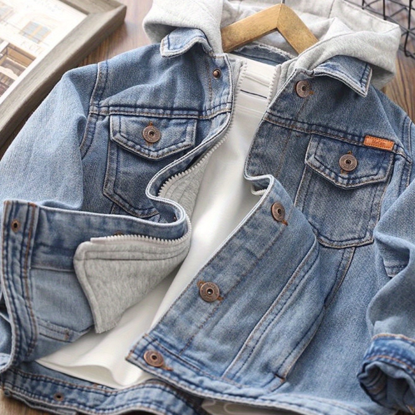 Image of Boys' Denim Jacket, Fashionable Two-piece Hooded Jacket For , European And And Autumn Youth Clothing Jacket, Denim Trucker Jacket, Motorcycle Top, Casual