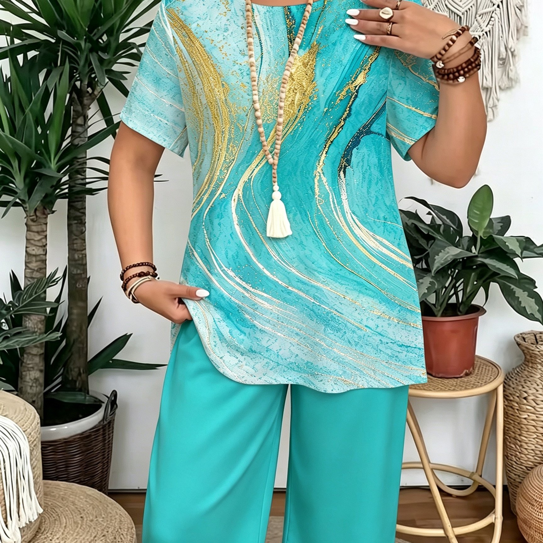 Image of Plus Size, Plus Size Women's Suit, Elegant And Stylish Round Neck T-shirt, Abstract 3d Geometric Print 2pcs Set, Suitable For Home, Travel, Parties, Vacation.