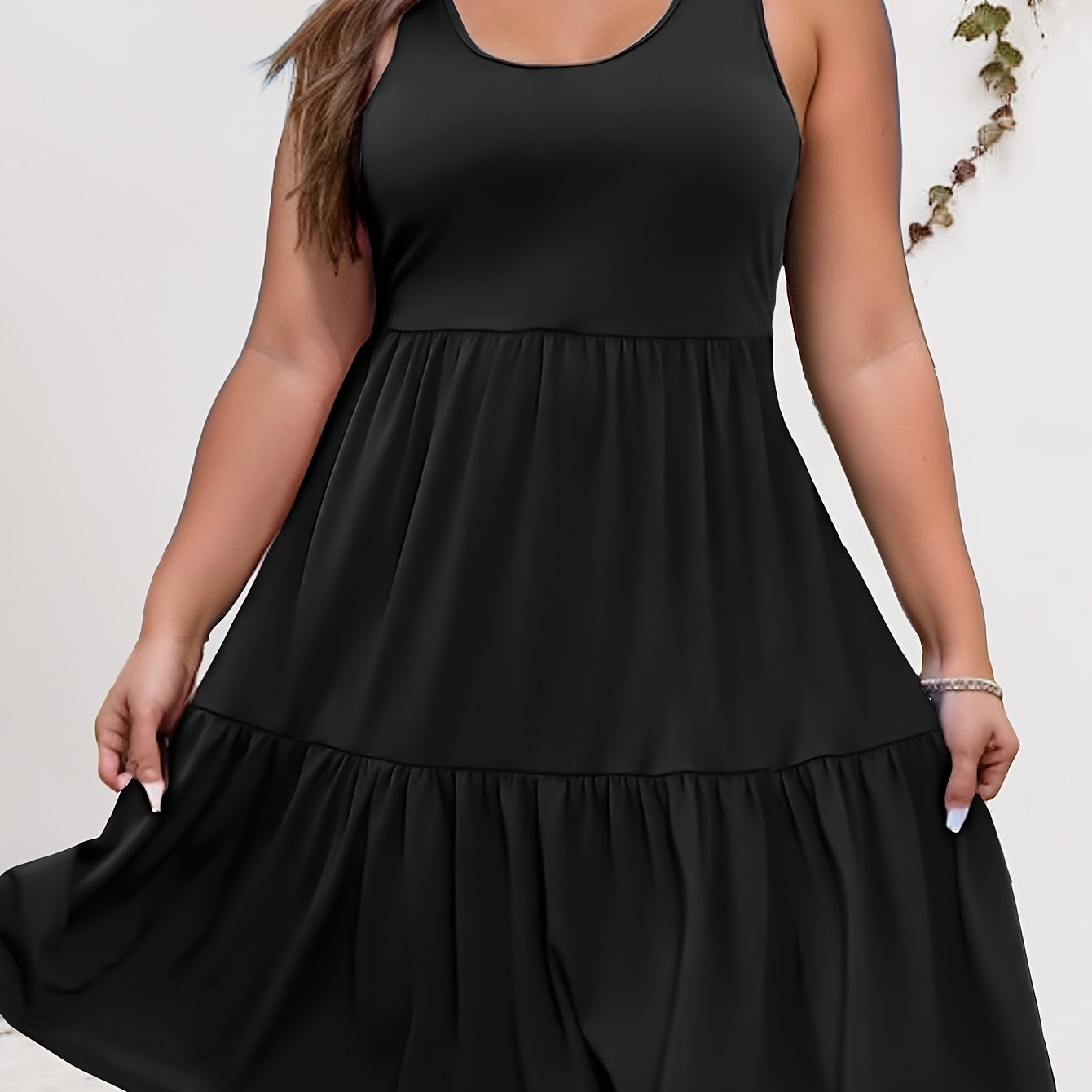 Image of Plus Size - Plus Size - Plus-size Women's Dress With A Round Neck, Pleated Design, Stretchy, Casual, Elegant, Comfortable, Cool, Sleeveless A-line Dress