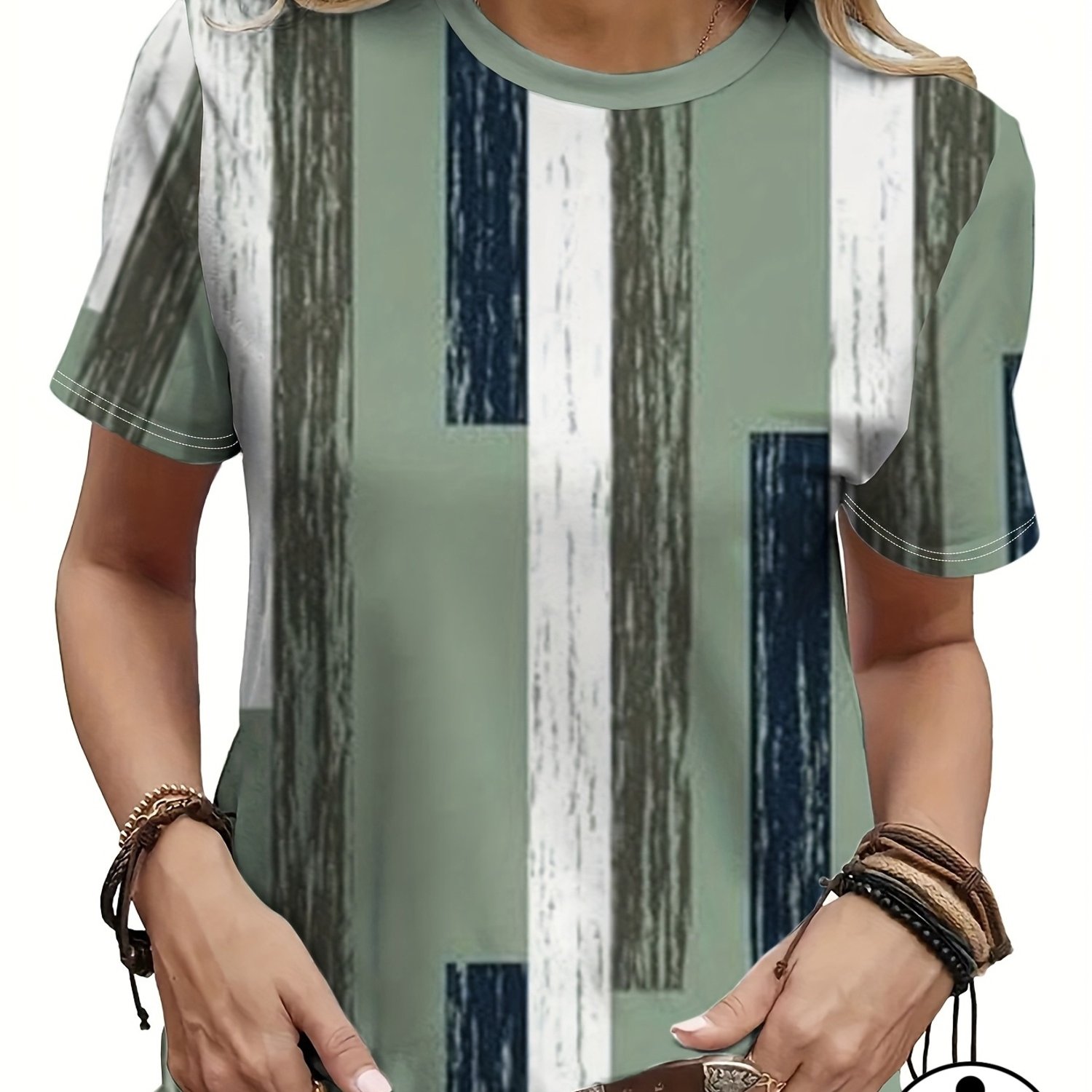 TEMU Printed Design - No Texture - Women's Casual Short-sleeve T-shirt With Black And Green Striped Print, Loose Round Neck Design, Lightweight And