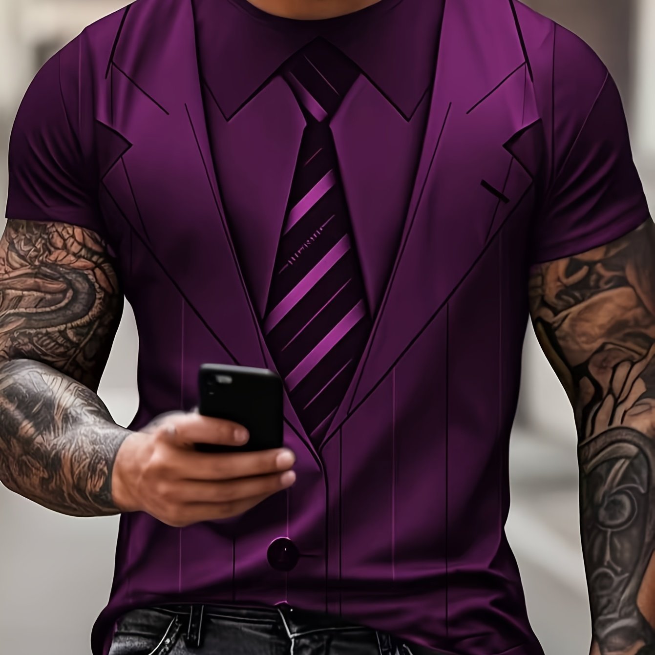 TEMU Men's 3d Print Purple Suit Tie Short Sleeve T-shirt Individual Trendy Fake Two-piece Top