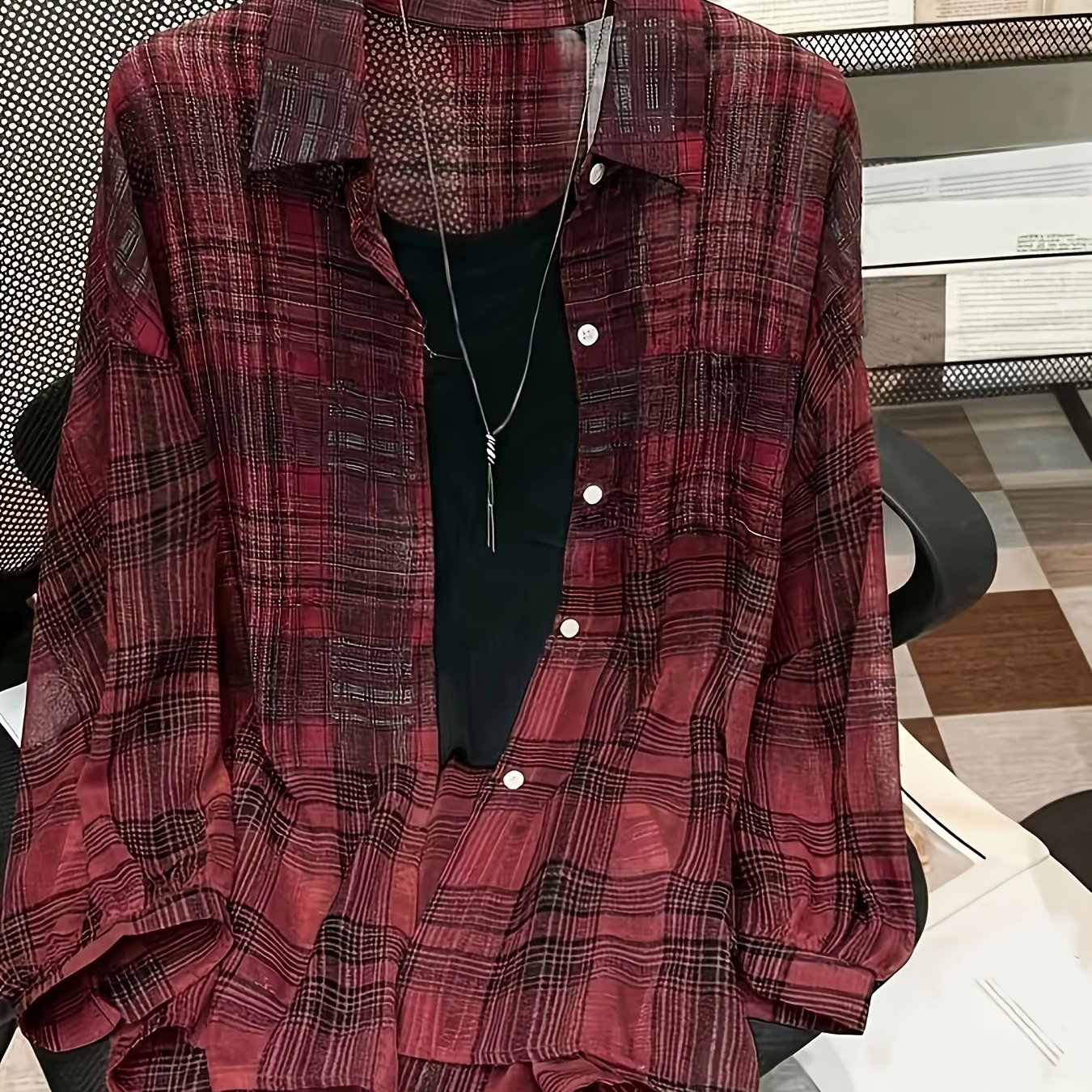 TEMU Fashion Women's, Lightweight, Loose, Semi-sheer Checkered Casual Shirt