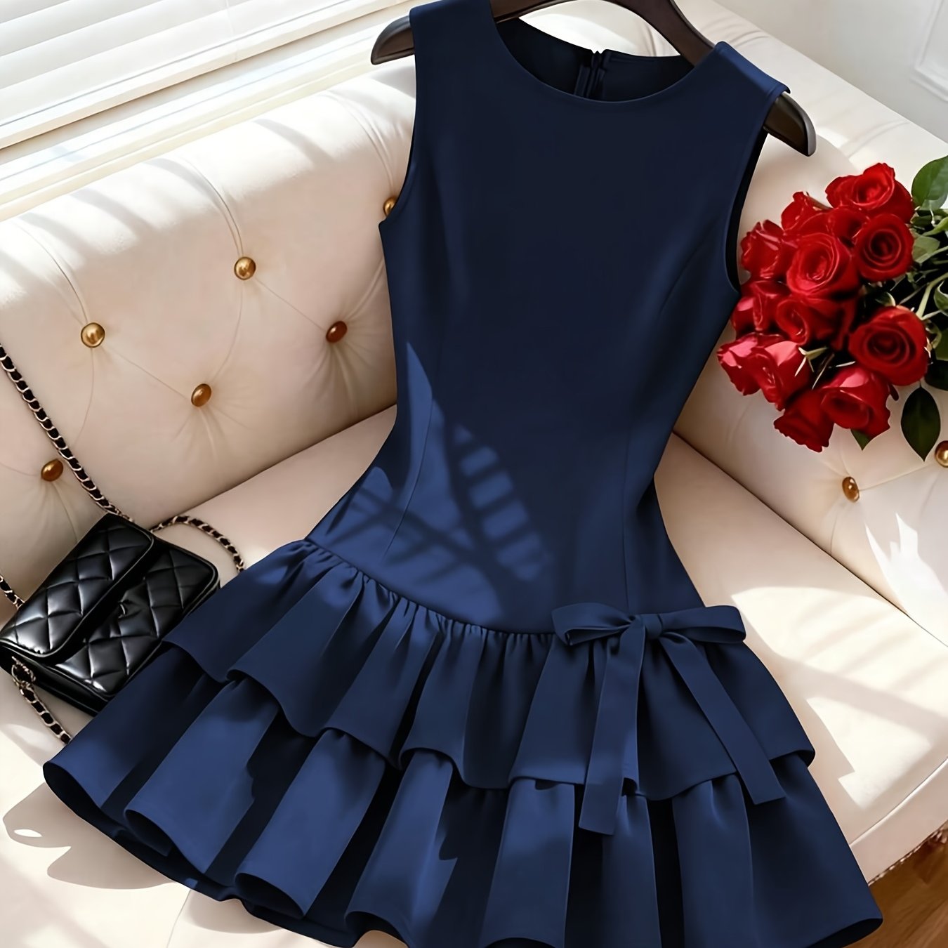 TEMU Women's Elegant Sleeveless Dress With Solid Color Bow Decoration, Sleeveless Mini Skirt, Suitable For Daily , Dates, Vacations, Parties, And