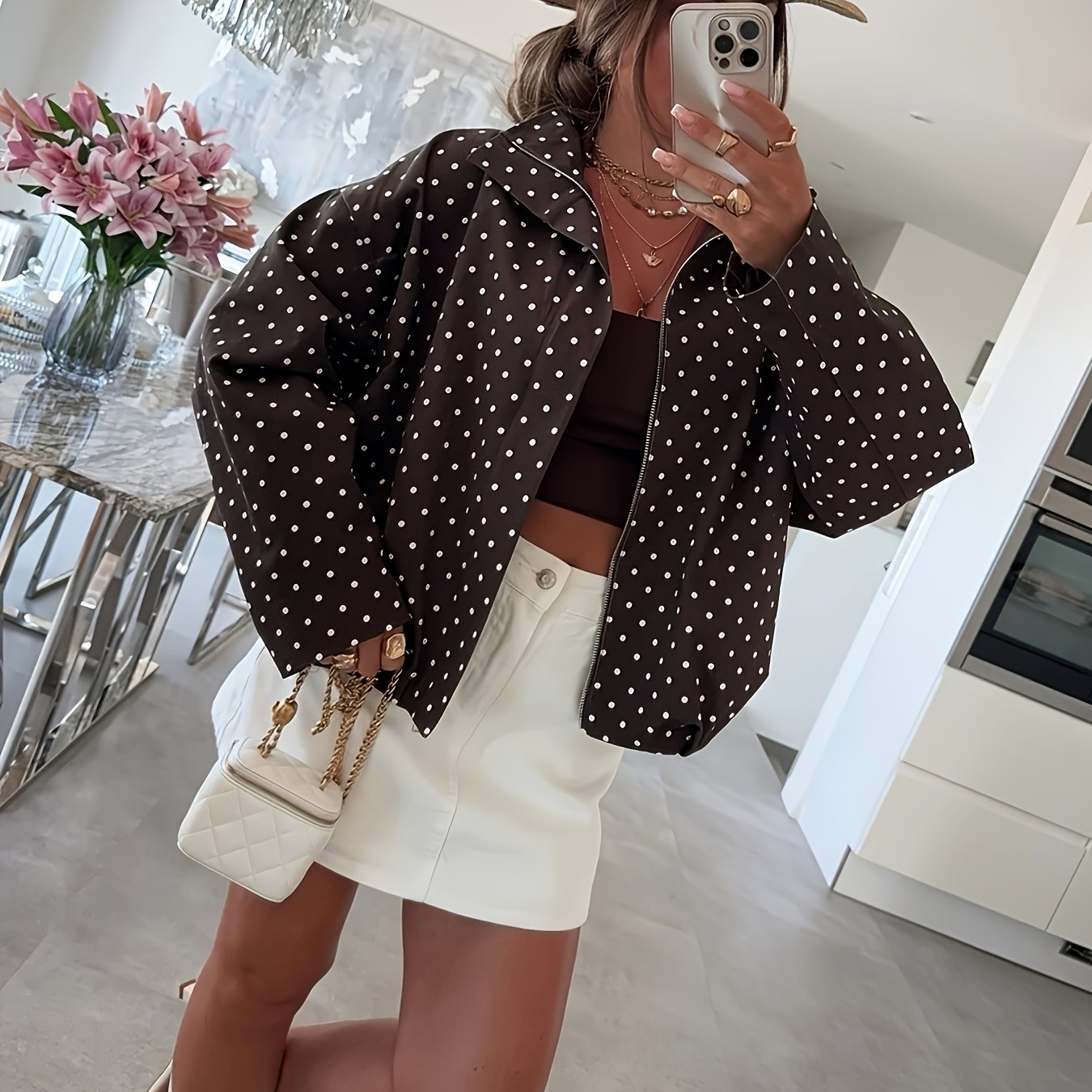 TEMU [zllz] Women's Cute Polka Dot Long Sleeve Zipper Style Short Jacket, Daily Autumn Fashion Polka Dot Top
