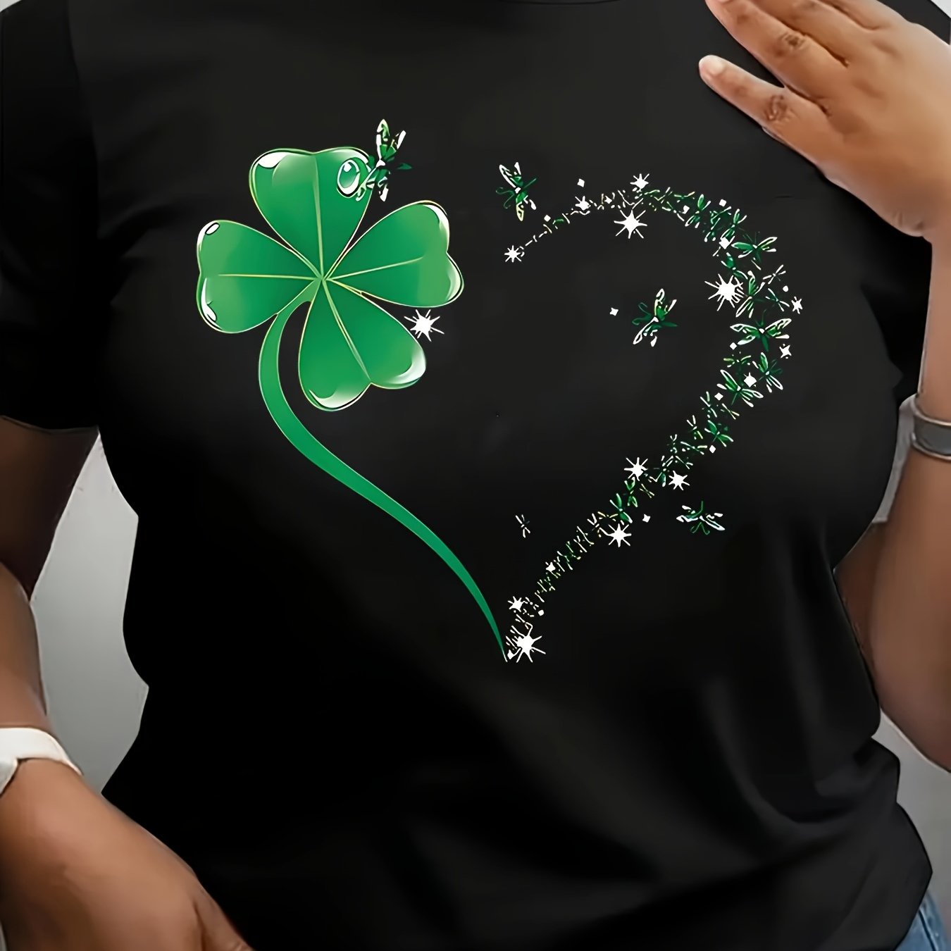 TEMU Plus Size, Plus Size Casual Crew Neck Pullover T-shirt With Letter, Heart, Clover, And 's Day Holiday Element Print