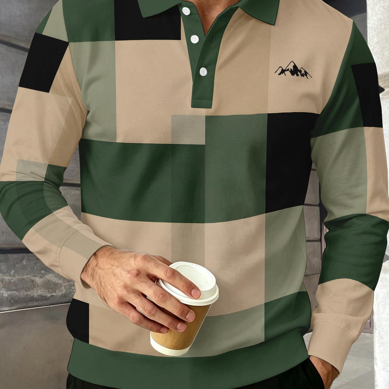 TEMU Color-block Men's Long Sleeve Shirt, Lapel 3-button Casual Top, Oil Painting Block Contrast Print, Spring Autumn Business Golf Versatile Men's