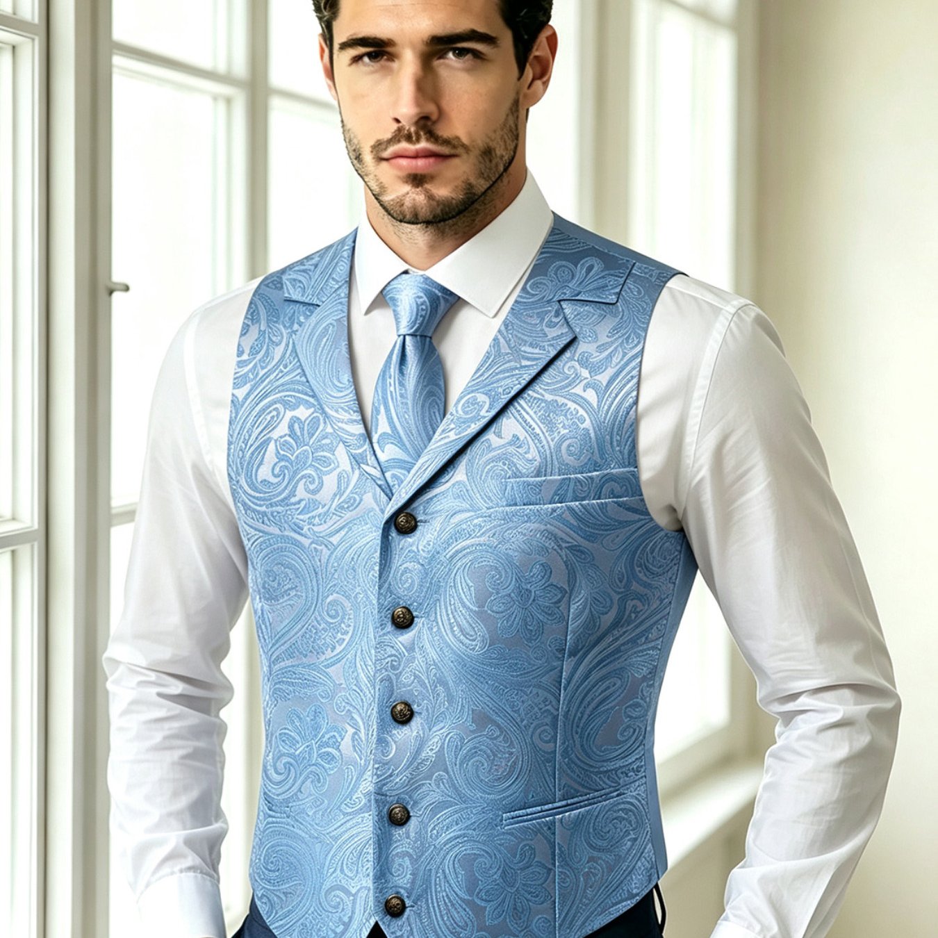 3pcs Blue Paisley Waistcoat Suit For Men Notched Lapel Vest Tie Pocket Square Set Formal Wedding