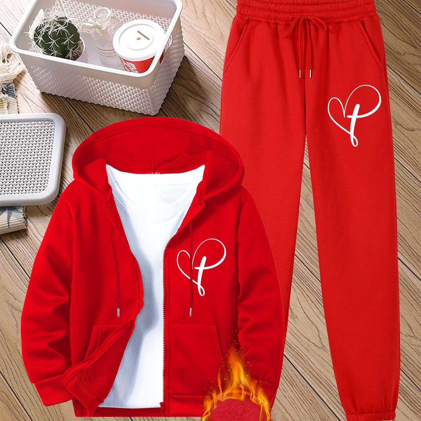 TEMU 2pcs Set: Printed Women's Autumn/winter -lined Pants And Top Set, Natural Simple Casual Hooded Red Polyester Material Sporty Outdoor Open-front