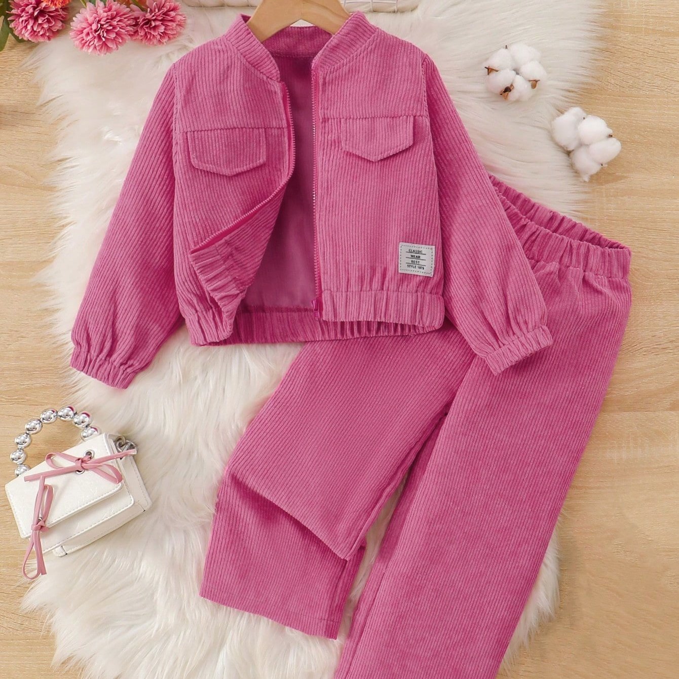 TEMU Completo primaverile/autunnale retr簷 in velluto a da , giacca con zip e alla coreana e pantaloni larghi con elastico, set casual da esterno