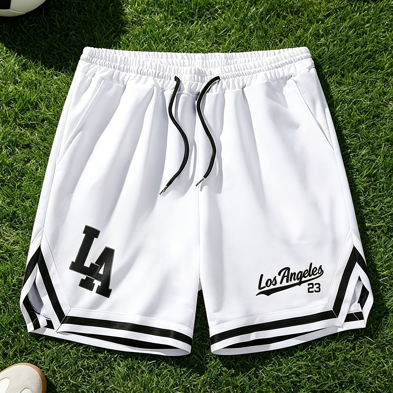 TEMU Men's Shorts With La Pattern And Letter Print, Featuring Waist-cinching And Pockets, Summer Street Fashion Shorts