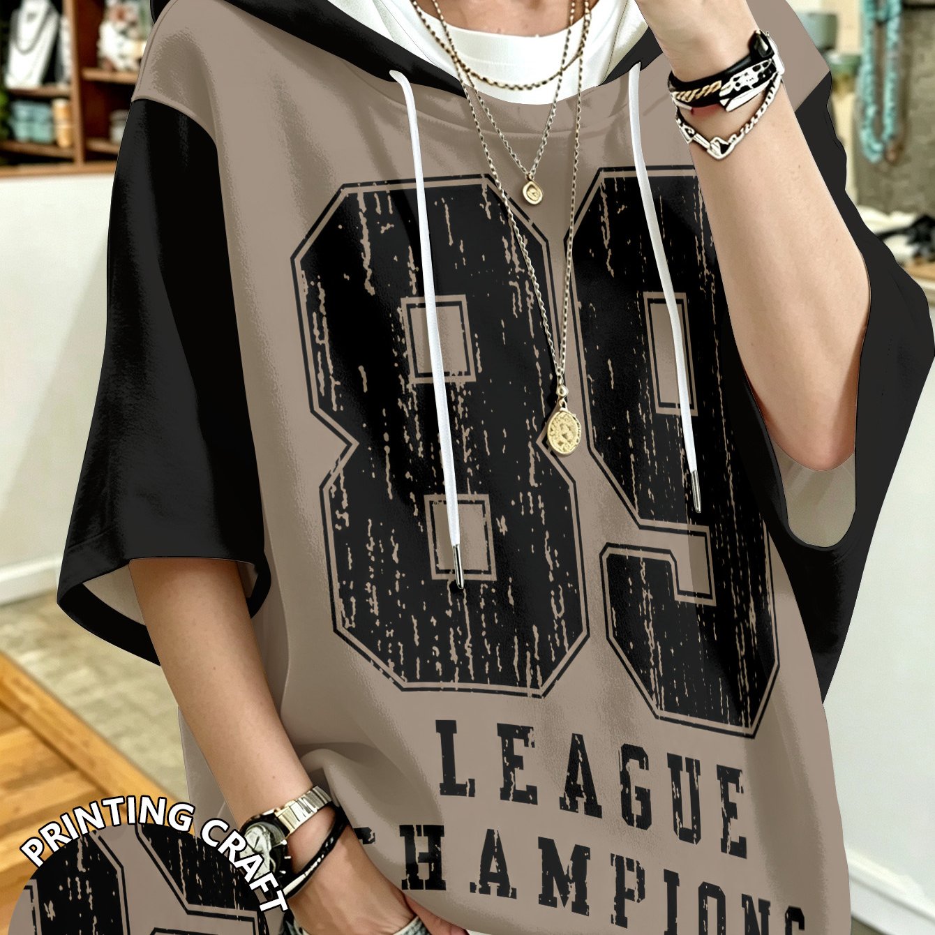 TEMU Plus Size, Printed Design - Not Textured Plus Size Women's Short Sleeve Hooded Top, Brown Number And Letter Vintage Print Loose Drop Shoulder