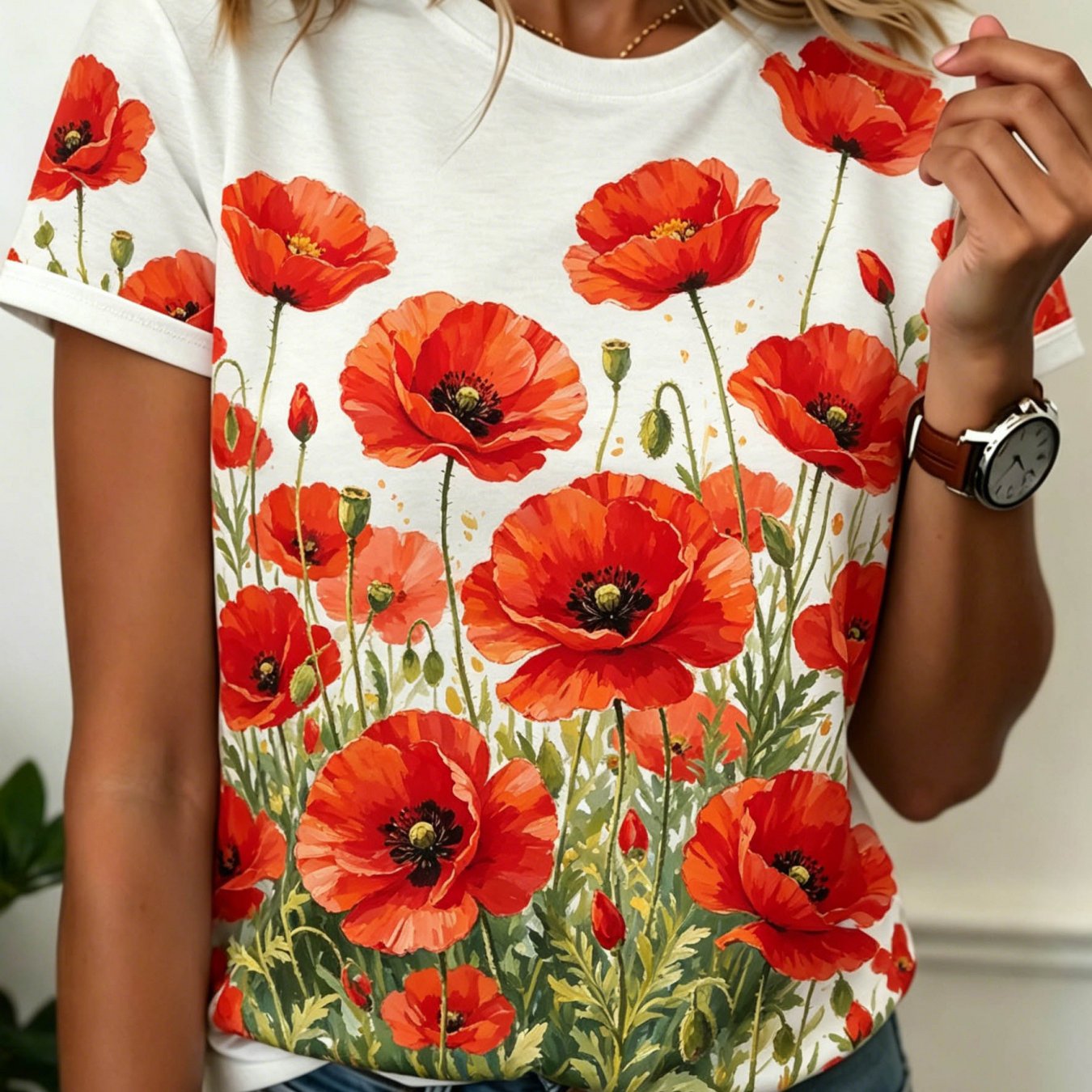 TEMU [printed Design â Not Textured] Short Sleeve Top For Women, Vibrant Pattern With Green Stems, And Vitality. Round Neck Easy And Versatile, For