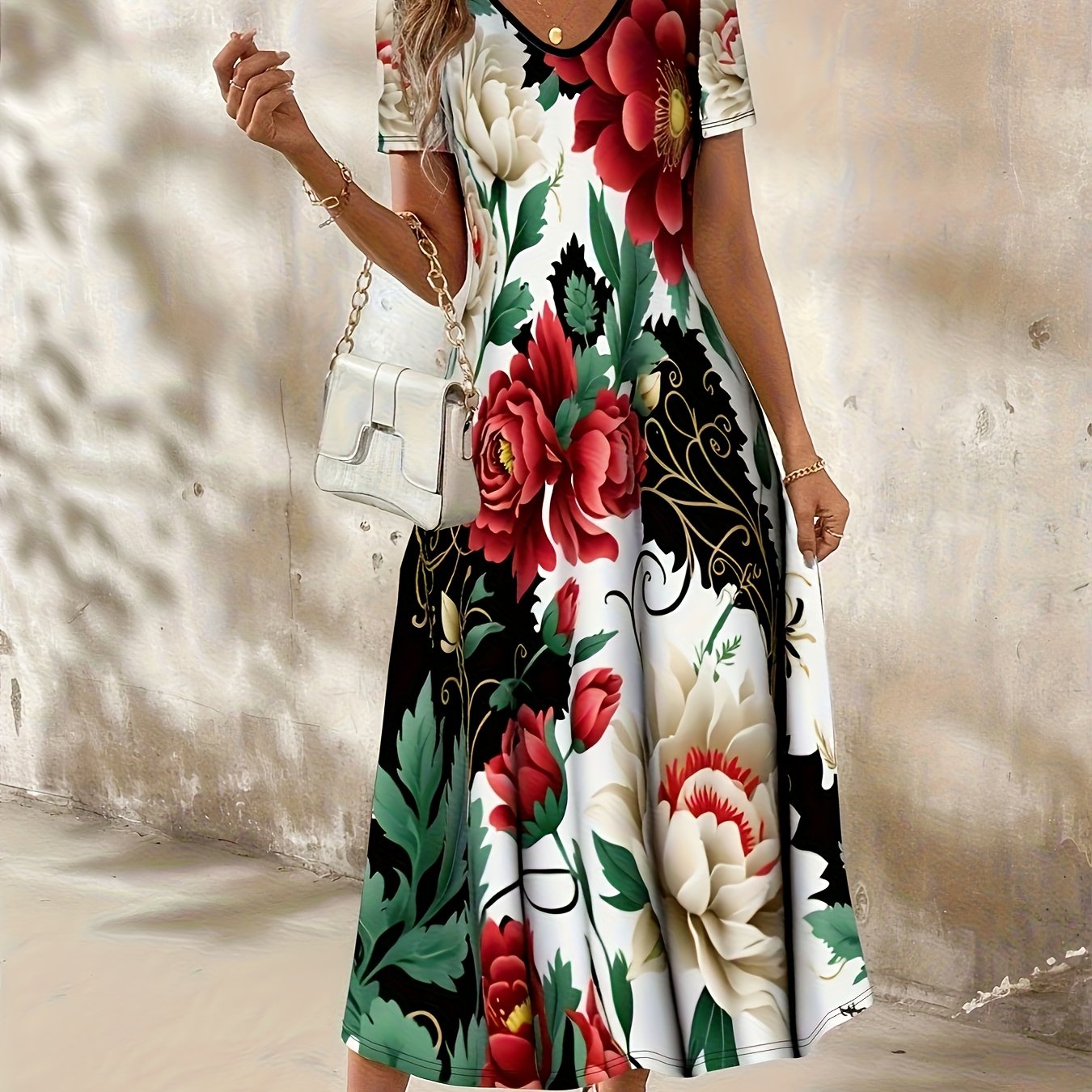 E-shop Lässiges Kleid mit Blumenmuster und V-Ausschnitt, Kurzarm-Kleid mit , geeignet für Frühling und Sommer, Damenbekleidung.