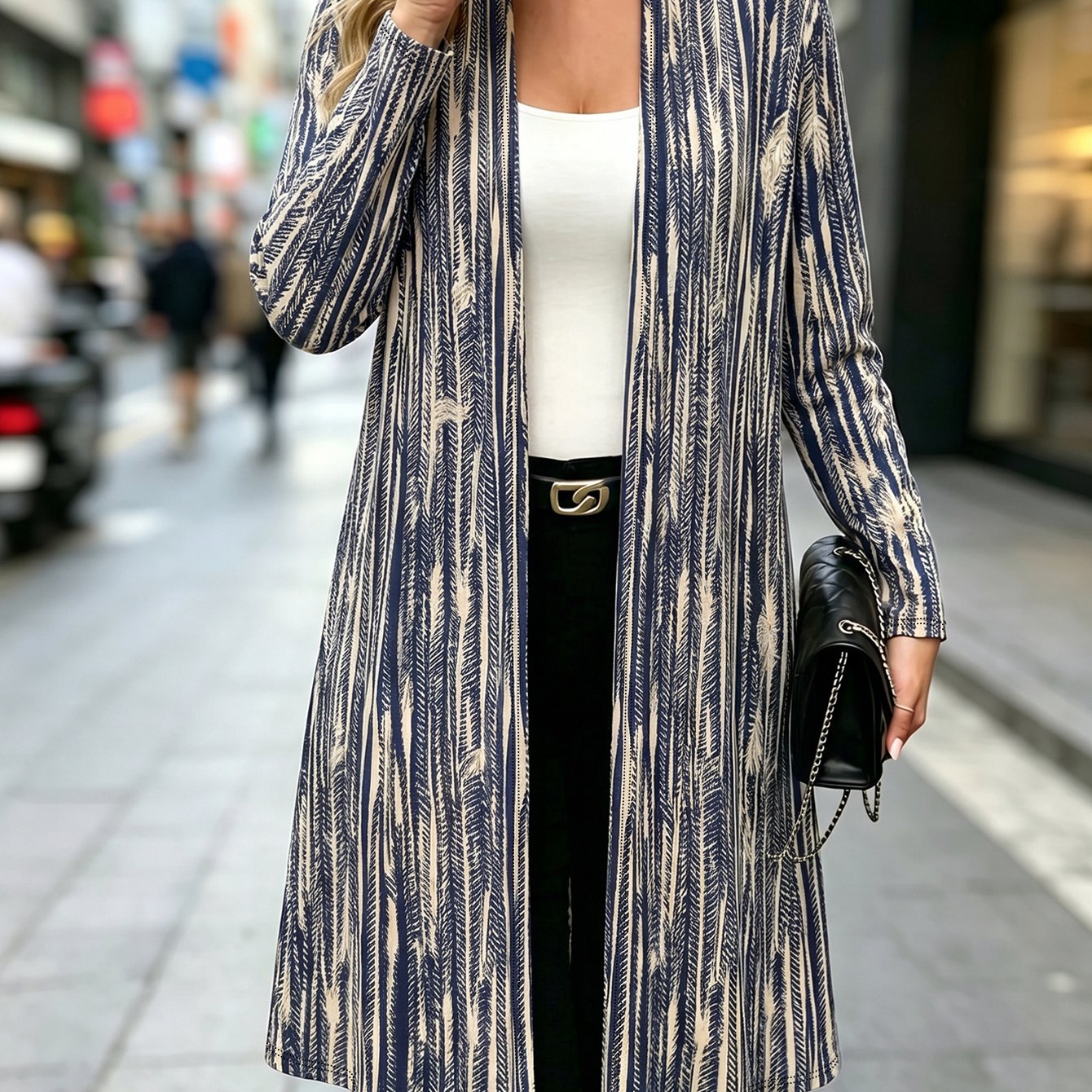 Image of Plus Size, Plus Size Women Long Sleeve Navy Beige Vertical Stripe Long Open Front Cardigan, Navy Blue And Cream Vertical Line All Stand Collar Long Draped Outerwear, Commuter Style For , Shopping