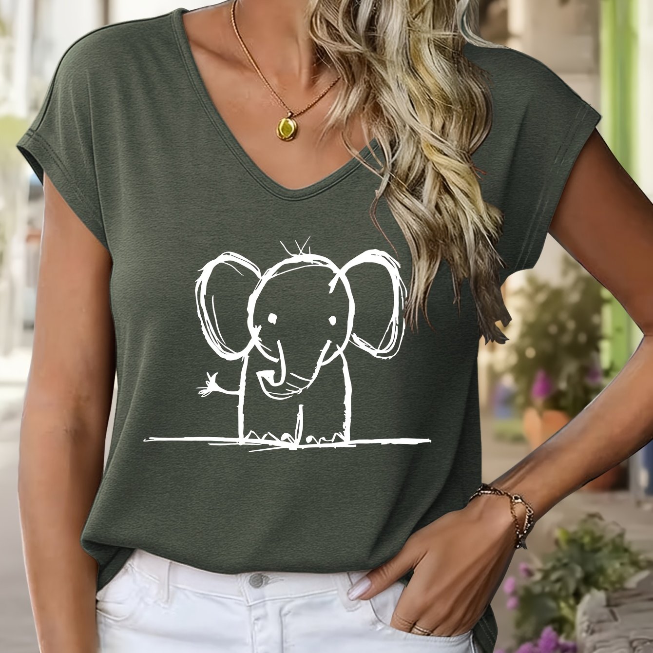 TEMU Women's V-neck Pullover Tank Top T-shirt With Cute Doodle-style Elephant Pattern, Spring/summer Fashion, Casual, Stretchy, And Comfortable For