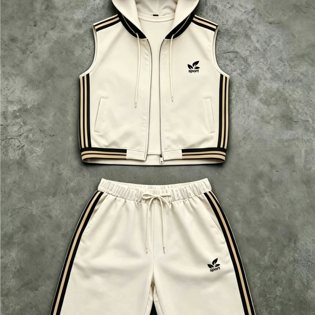 Image of Men's 2pcs Striped Sport Outfit, Hooded Zip-up Vest & Drawstring Shorts Set, Casual Streetwear Tracksuit
