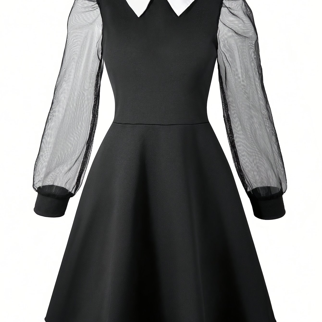 Image of Girls' Contrast Collar Mesh Long Sleeve A-line Dress, Casual Swing Dress For Kids 8-12y