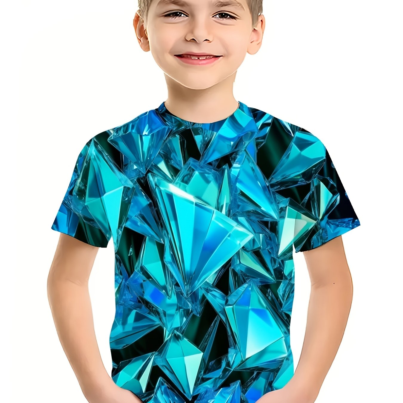TEMU Boys' Zip-up T-shirt, Cool Rhinestone Print, Blue Diamond Geometric Pattern, Spring Summer Pocket Jacket, Fashion Novelty Clothing, Versatile