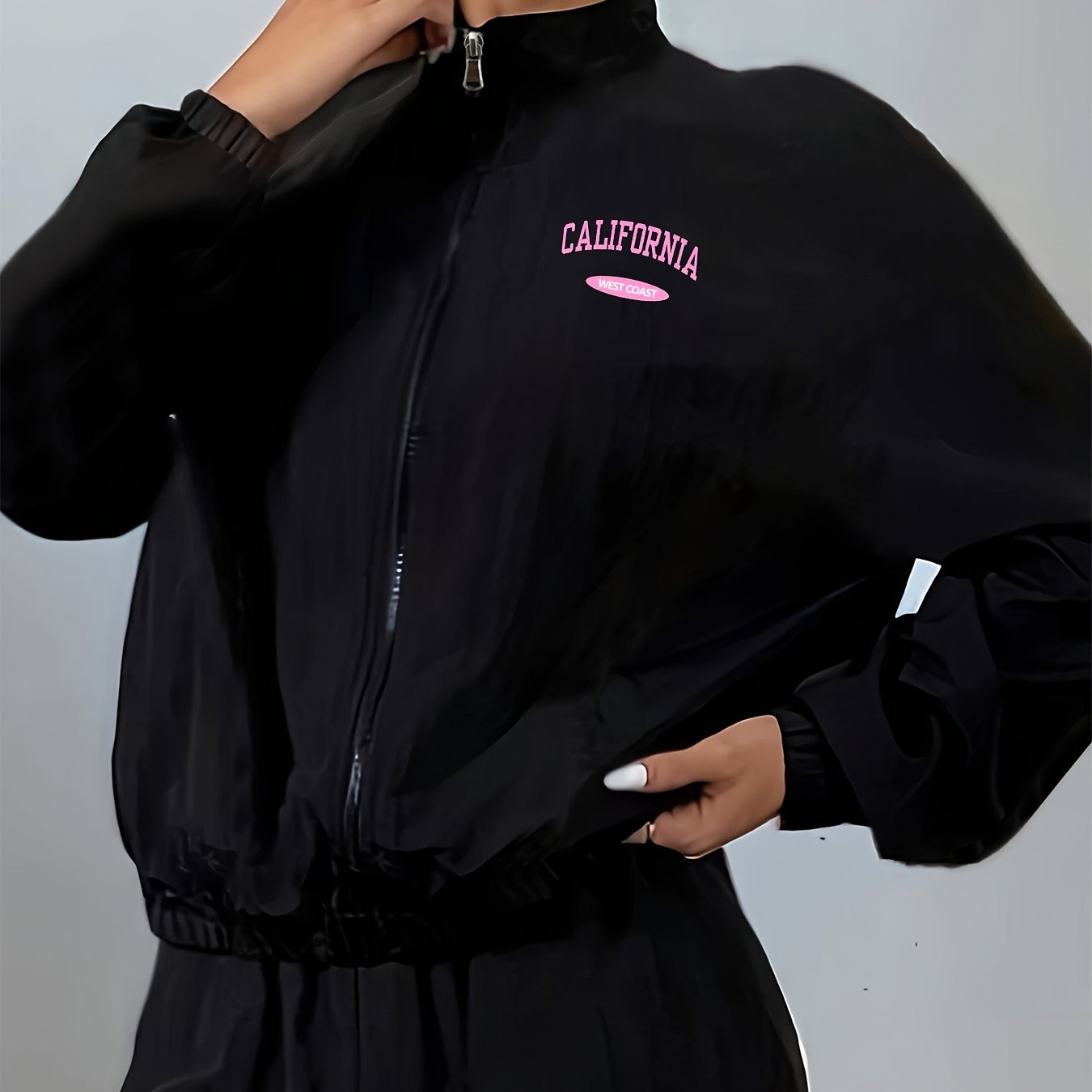 TEMU 1pc Women's Polyester Fiber Jacket With Elegant And "california" And "" Graphic Print On , Casual Collar, Zipper, Long Sleeves, Quick-drying,
